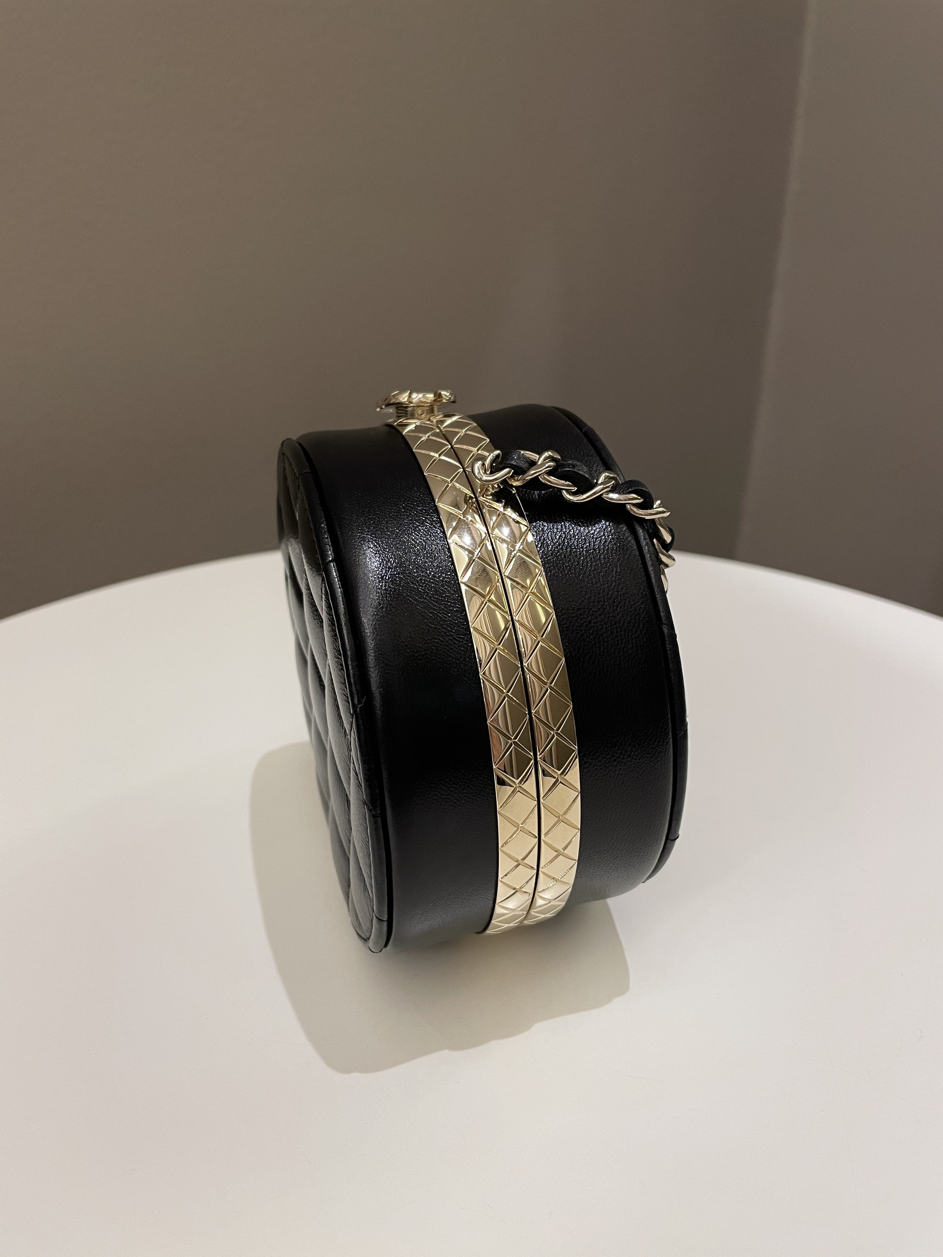 Chanel Quilted Round Evening Chain Clutch Black Lambskin