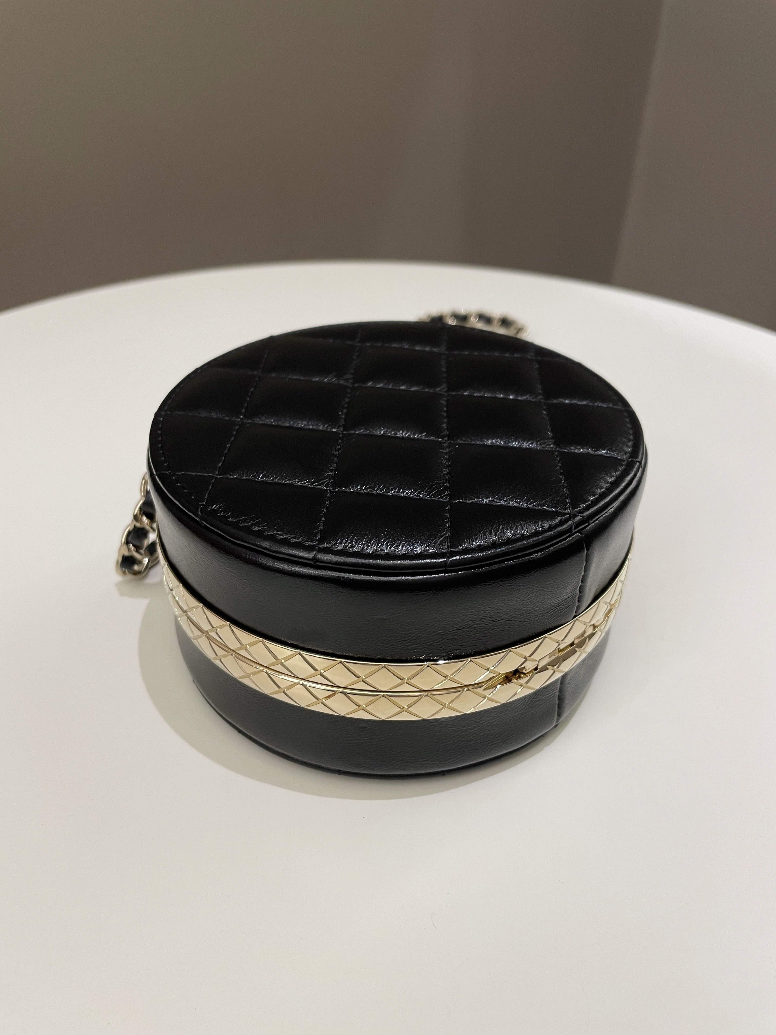 Chanel Quilted Round Evening Chain Clutch Black Lambskin
