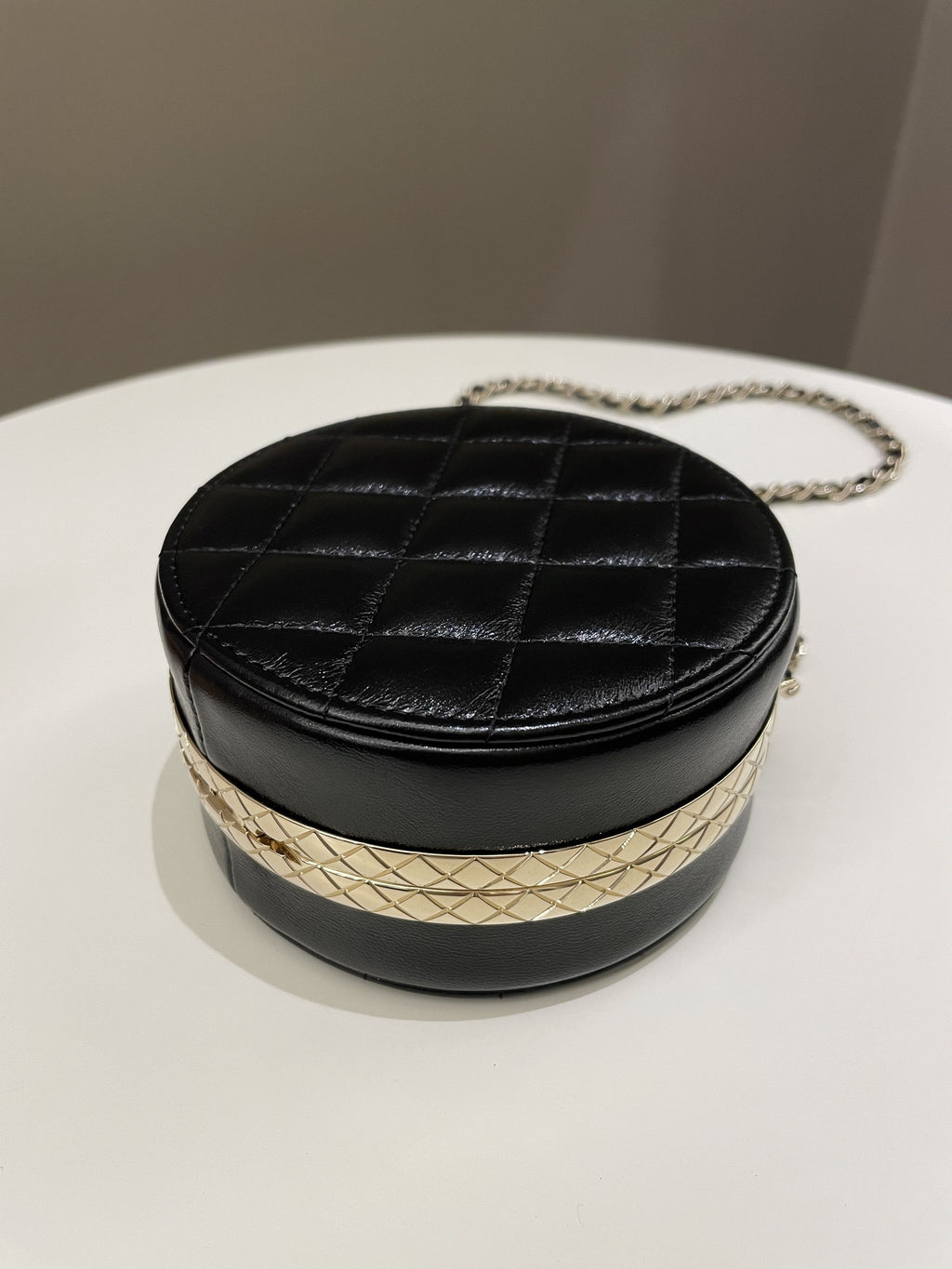 Chanel Quilted Round Evening Chain Clutch Black Lambskin