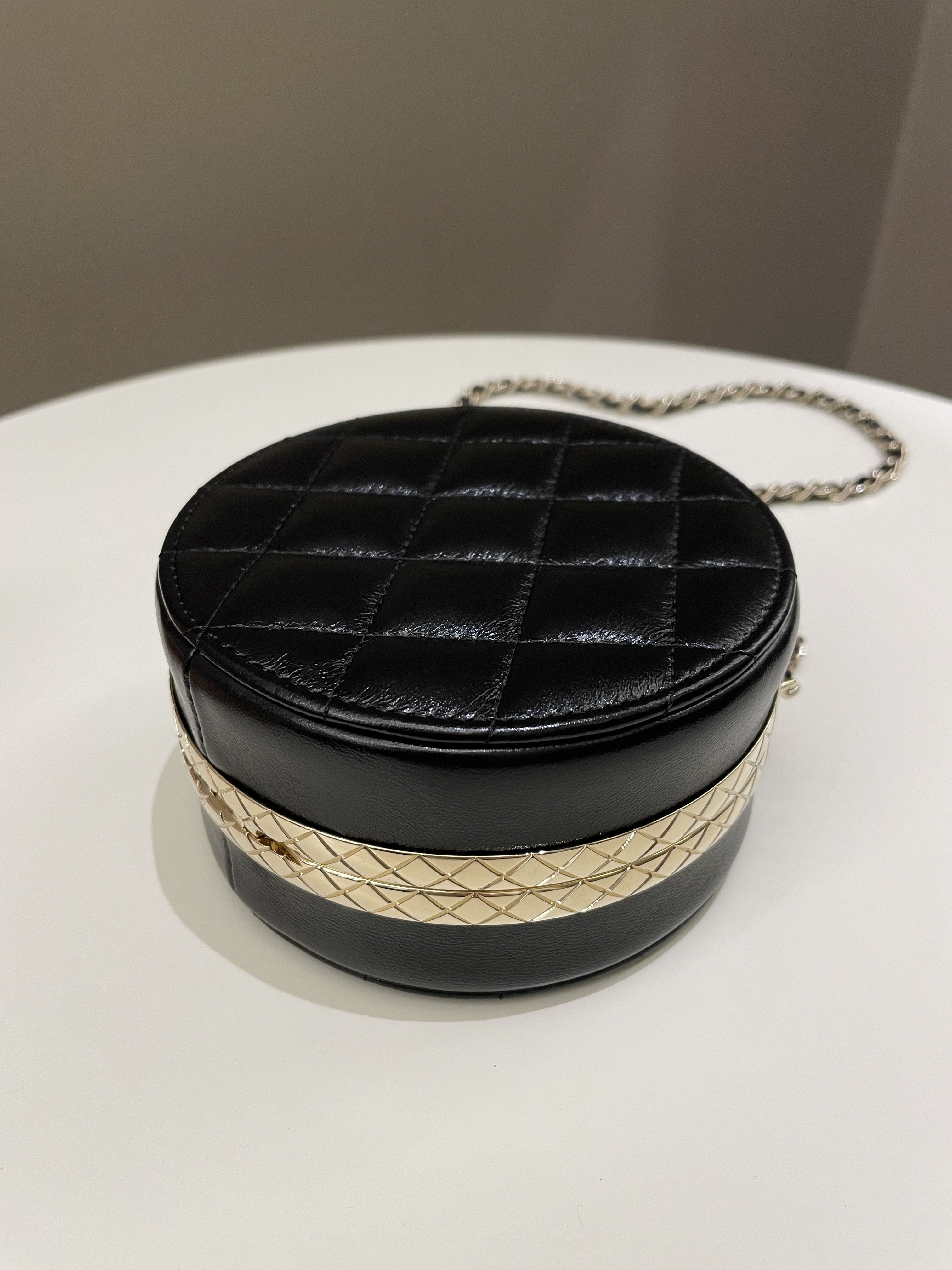Chanel Quilted Round Evening Chain Clutch Black Lambskin