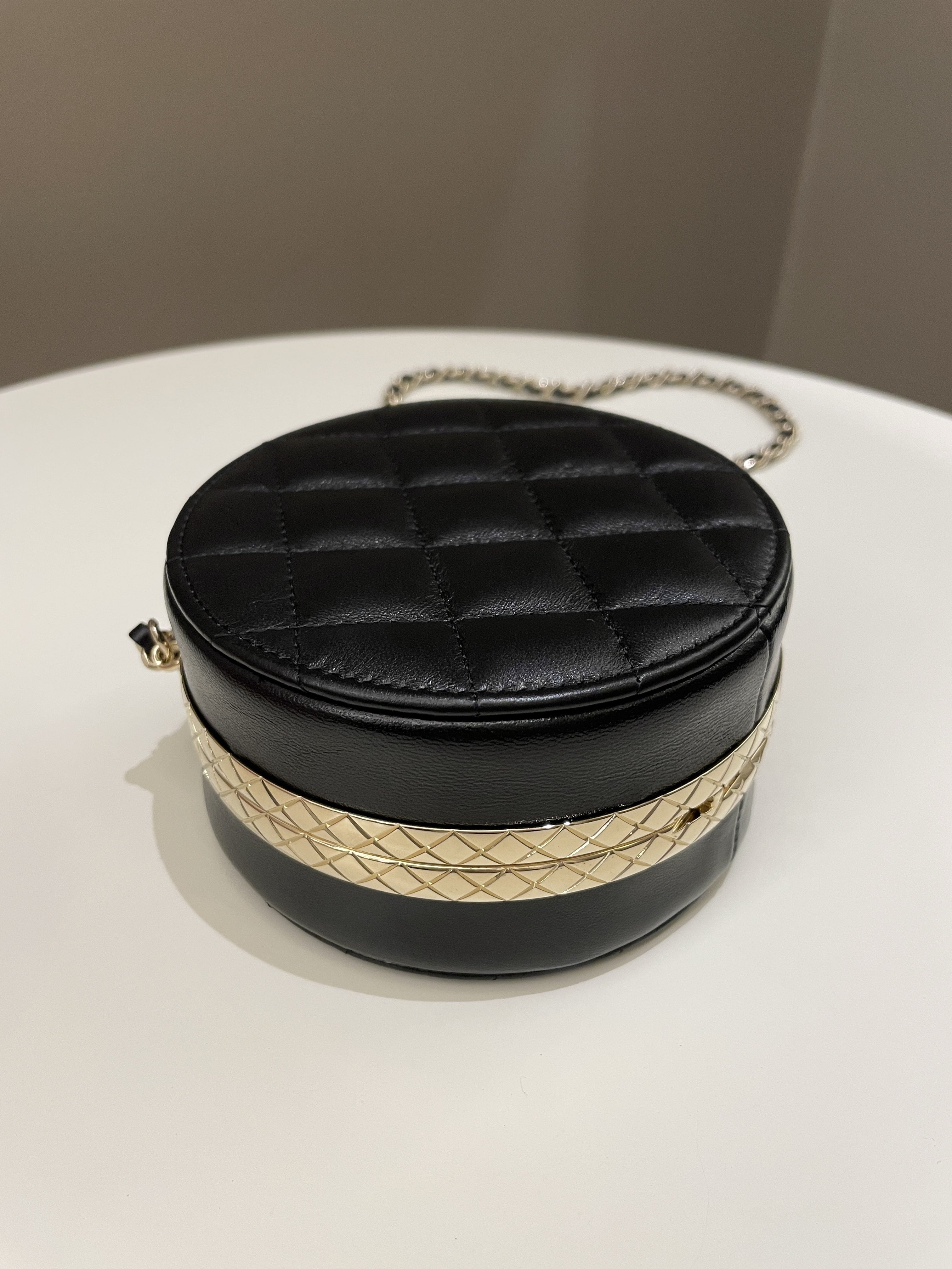 Chanel Quilted Round Evening Chain Clutch Black Lambskin