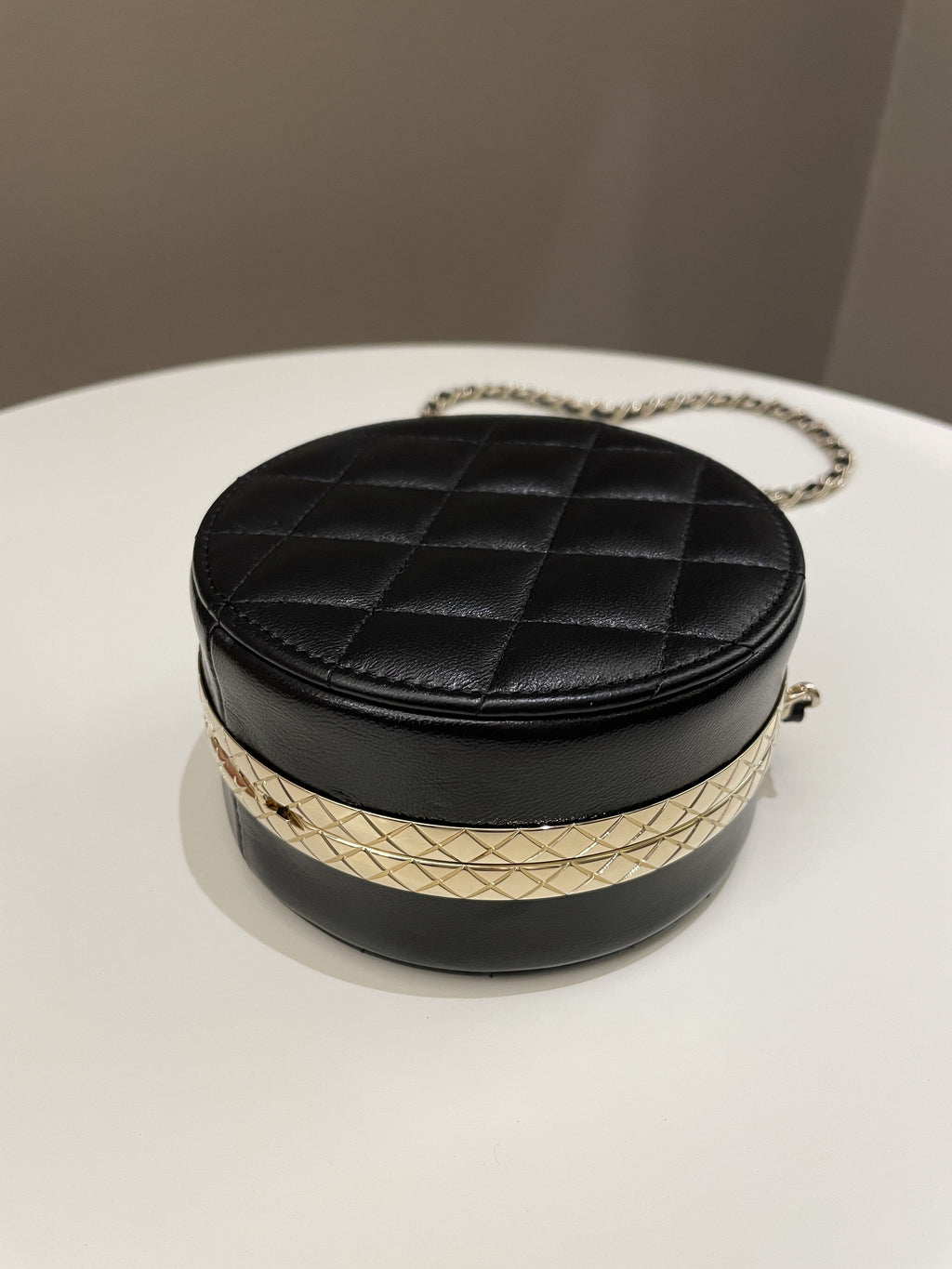 Chanel Quilted Round Evening Chain Clutch Black Lambskin