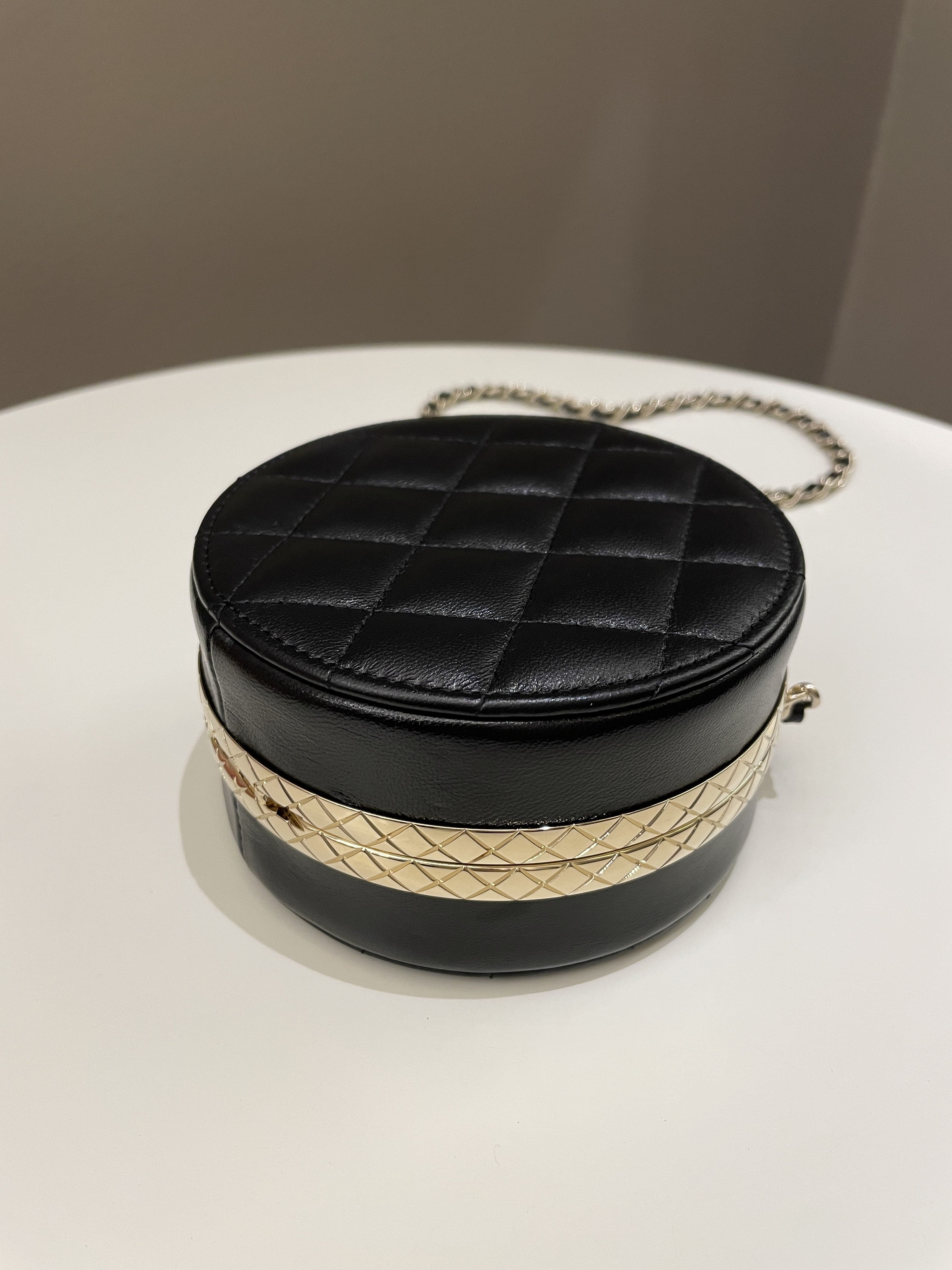 Chanel Quilted Round Evening Chain Clutch Black Lambskin