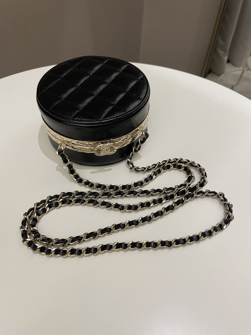 Chanel Quilted Round Evening Chain Clutch Black Lambskin
