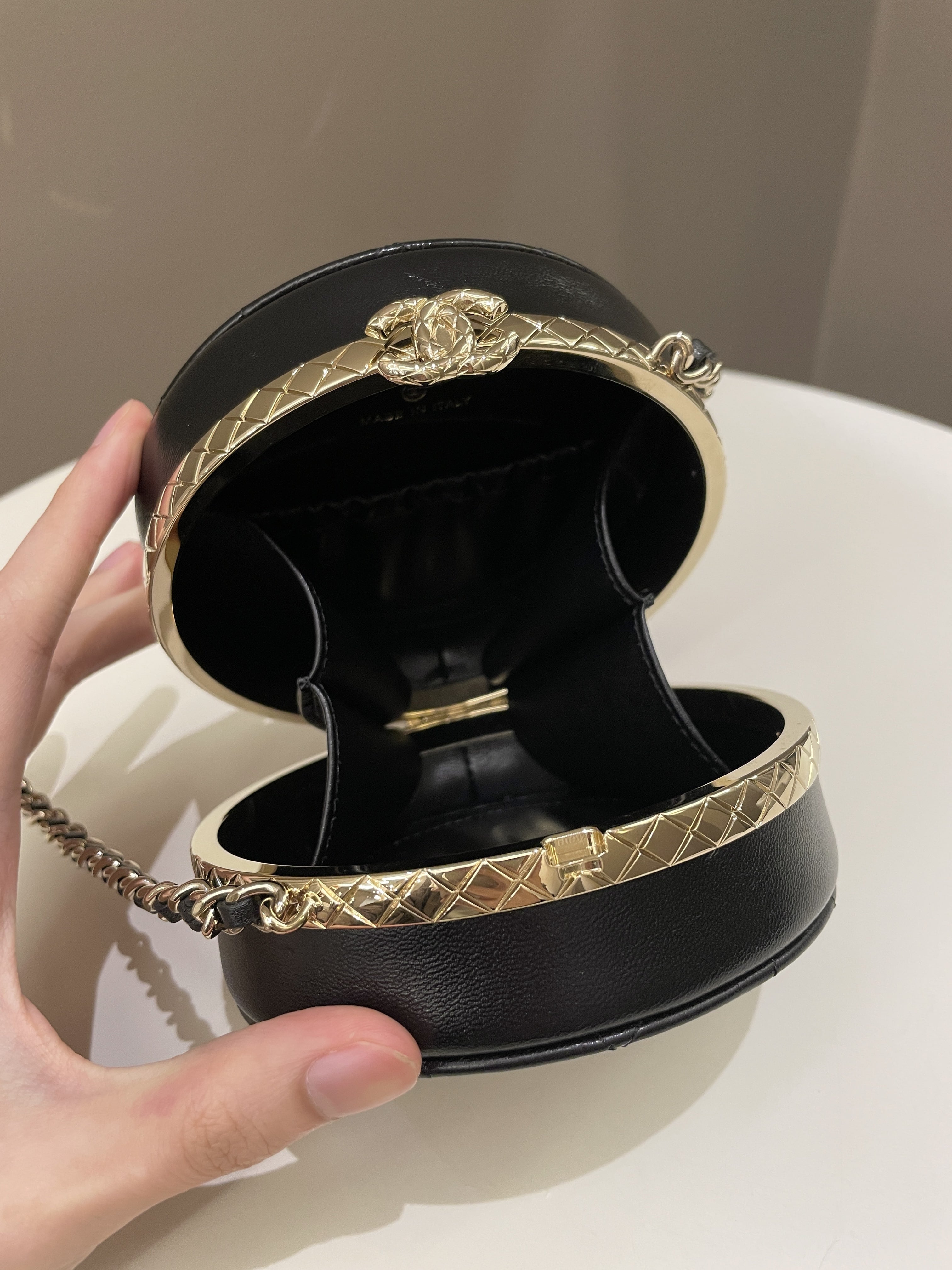 Chanel Quilted Round Evening Chain Clutch Black Lambskin