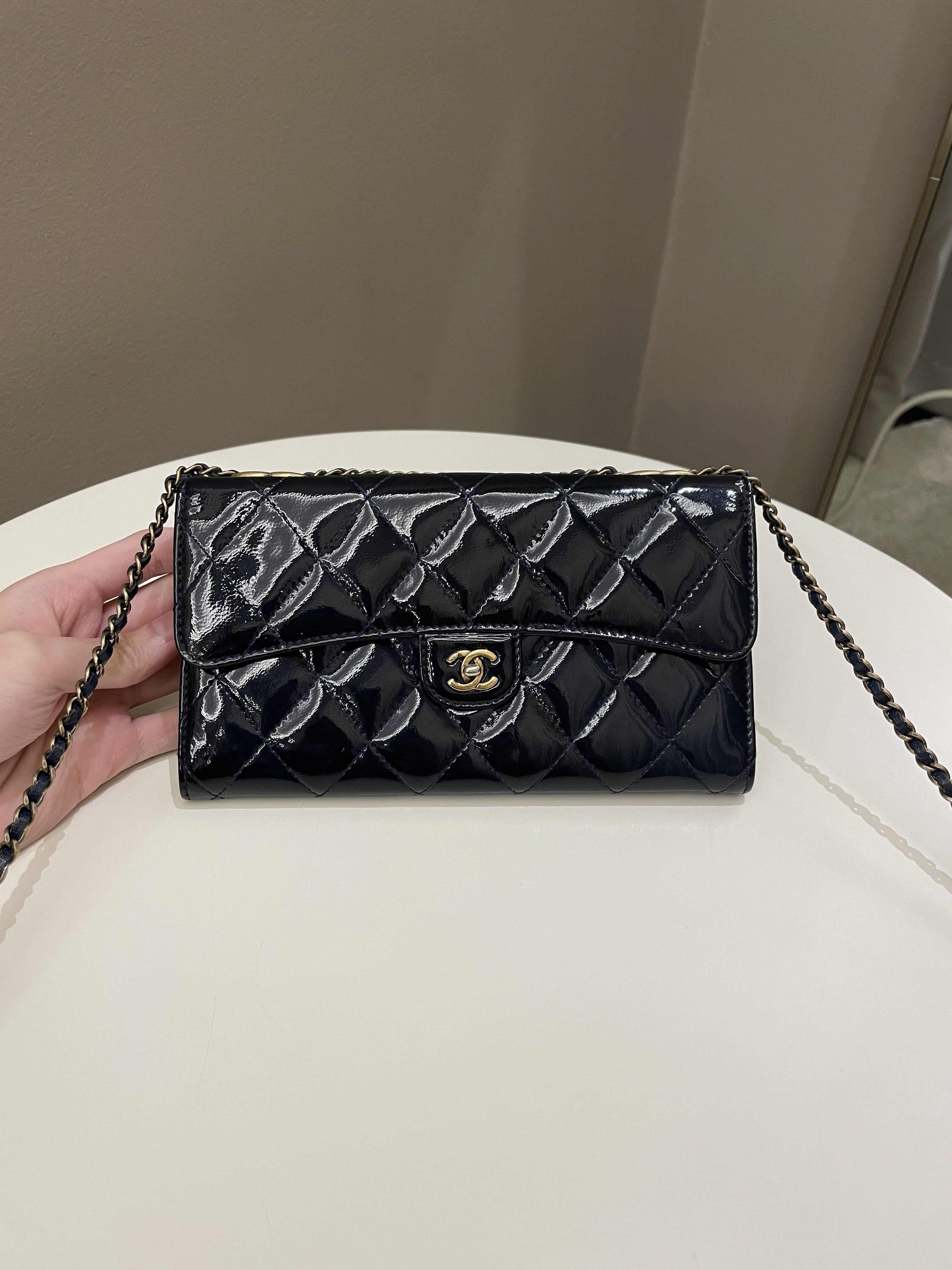 Chanel Double C Grommet Clutch On Chain Midnight Blue Patent