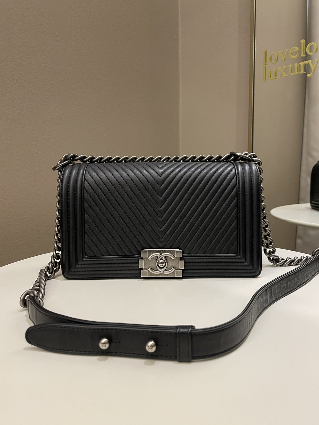 Chanel Herringbone Chevron Boy Old Medium Black Calfskin
