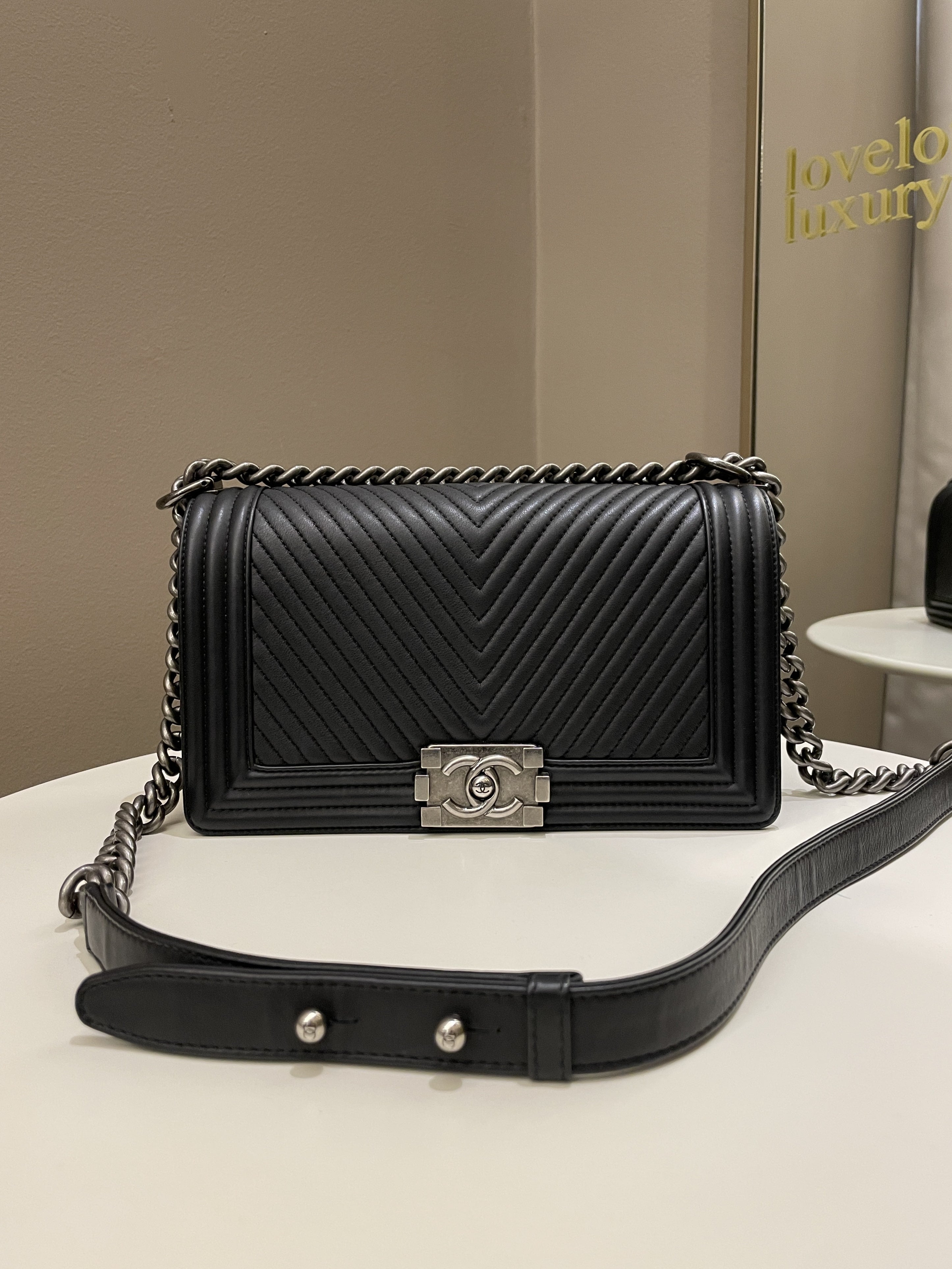 Chanel Herringbone Chevron Boy Old Medium Black Calfskin