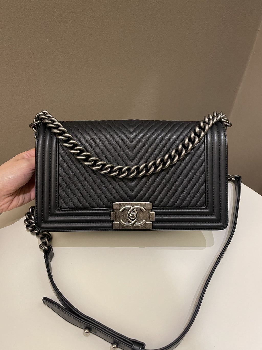 Chanel Herringbone Chevron Boy Old Medium Black Calfskin
