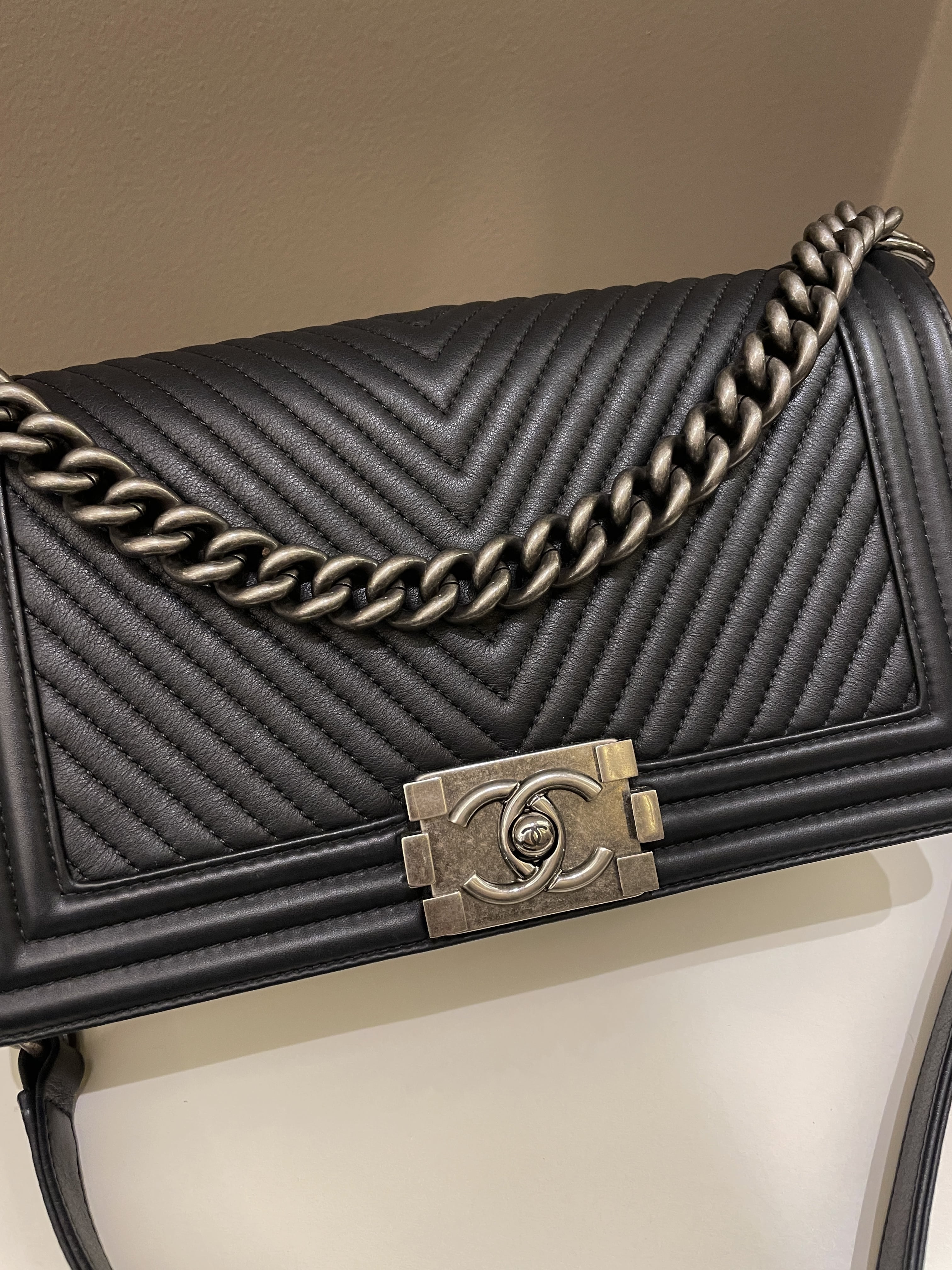Chanel Herringbone Chevron Boy Old Medium Black Calfskin