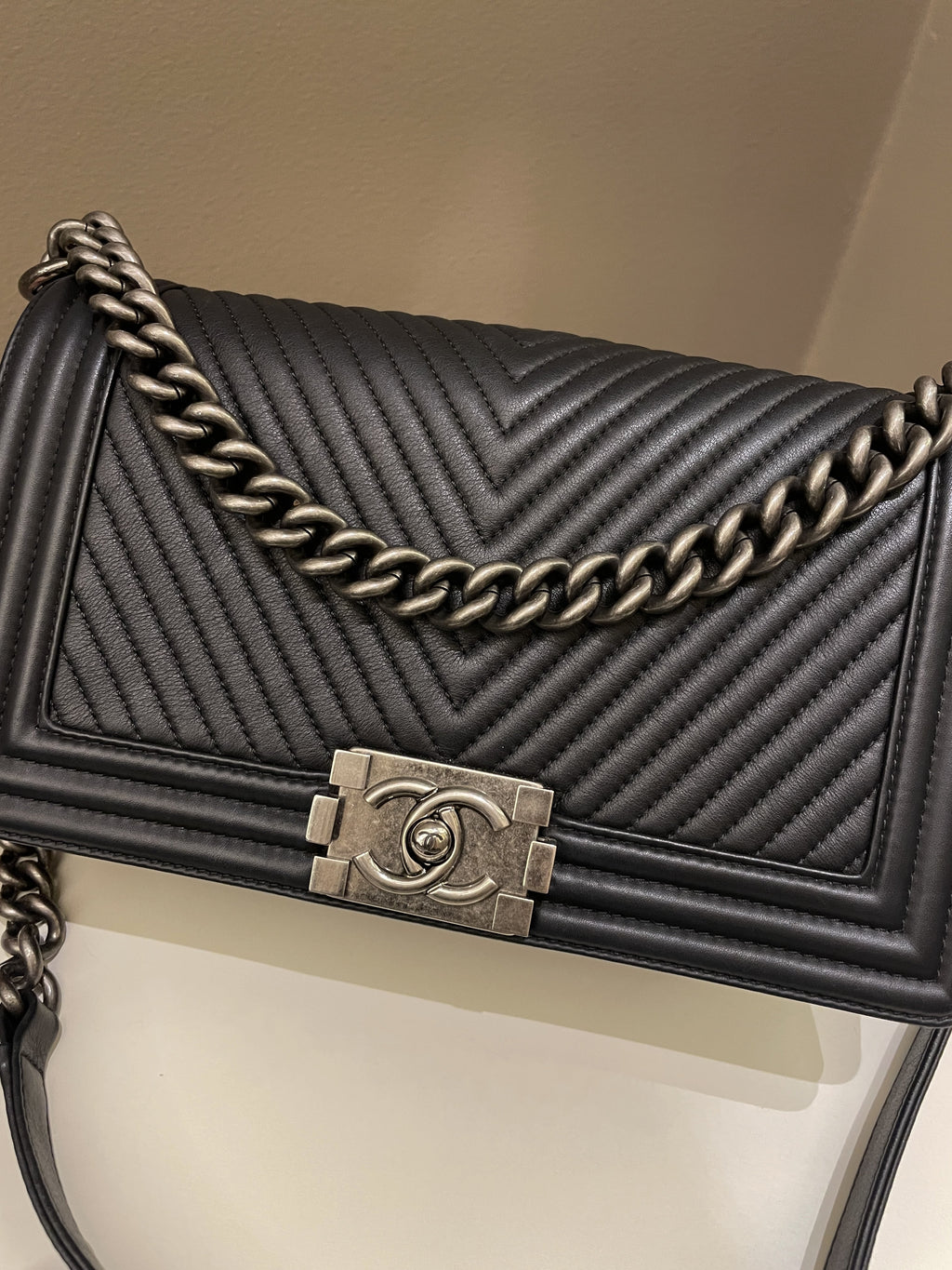 Chanel Herringbone Chevron Boy Old Medium Black Calfskin