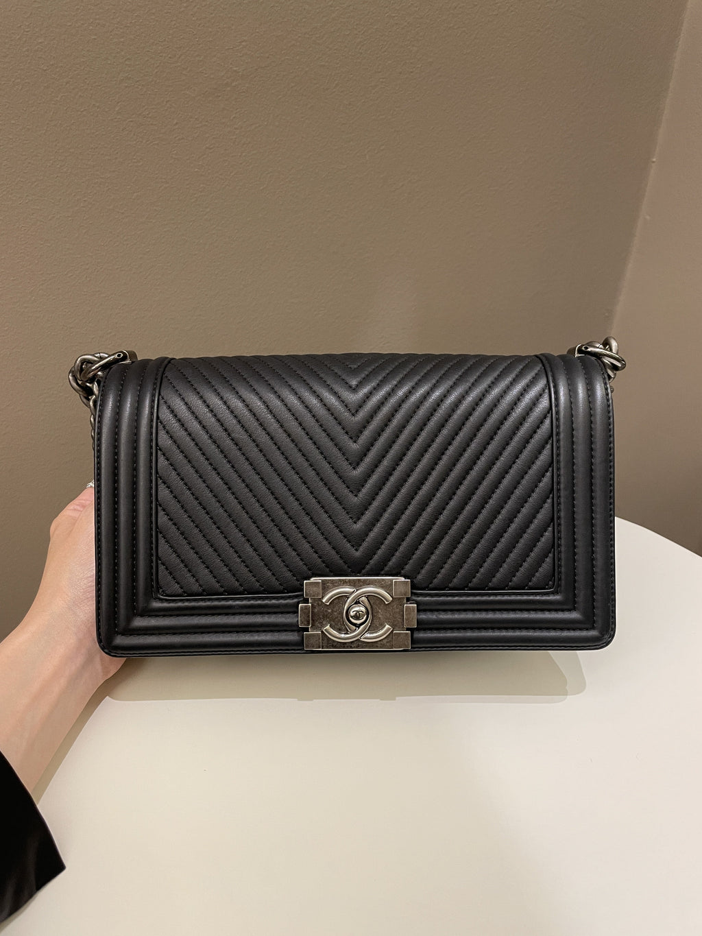 Chanel Herringbone Chevron Boy Old Medium Black Calfskin