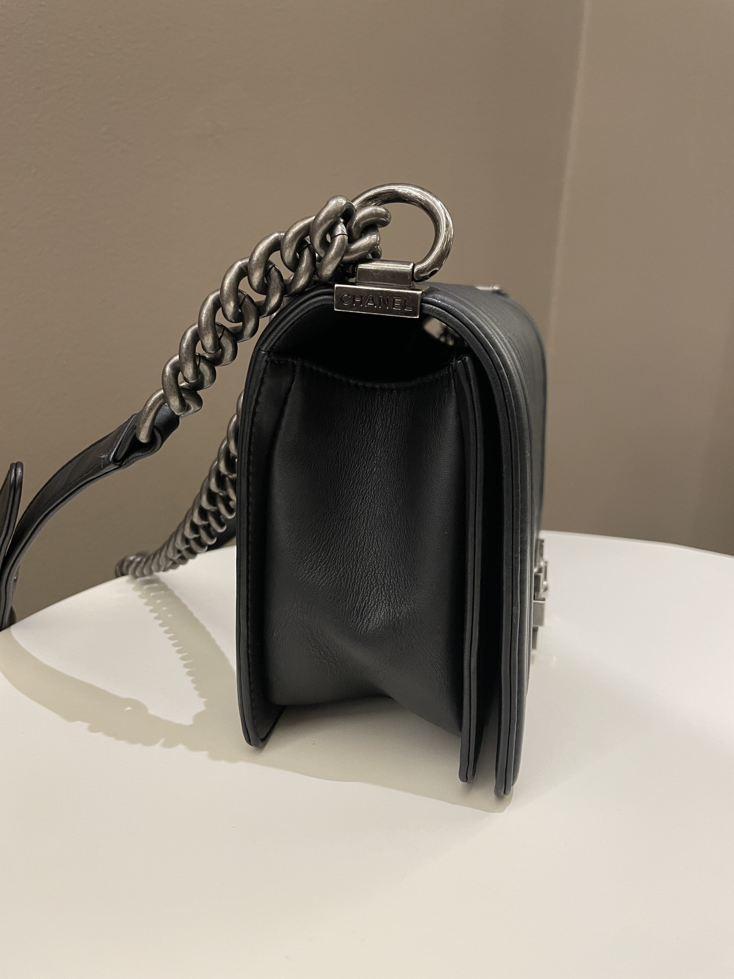 Chanel Herringbone Chevron Boy Old Medium Black Calfskin