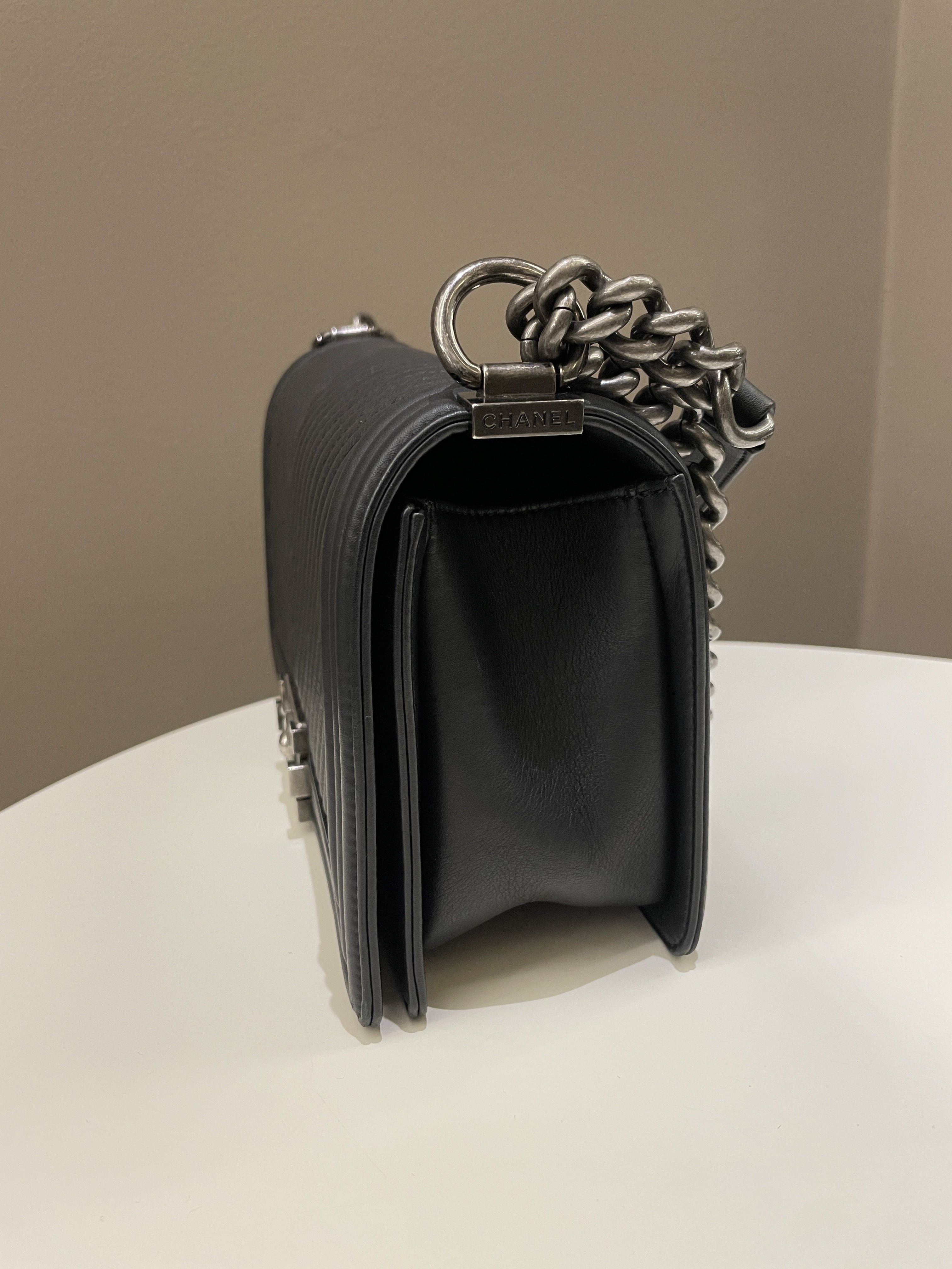 Chanel Herringbone Chevron Boy Old Medium Black Calfskin