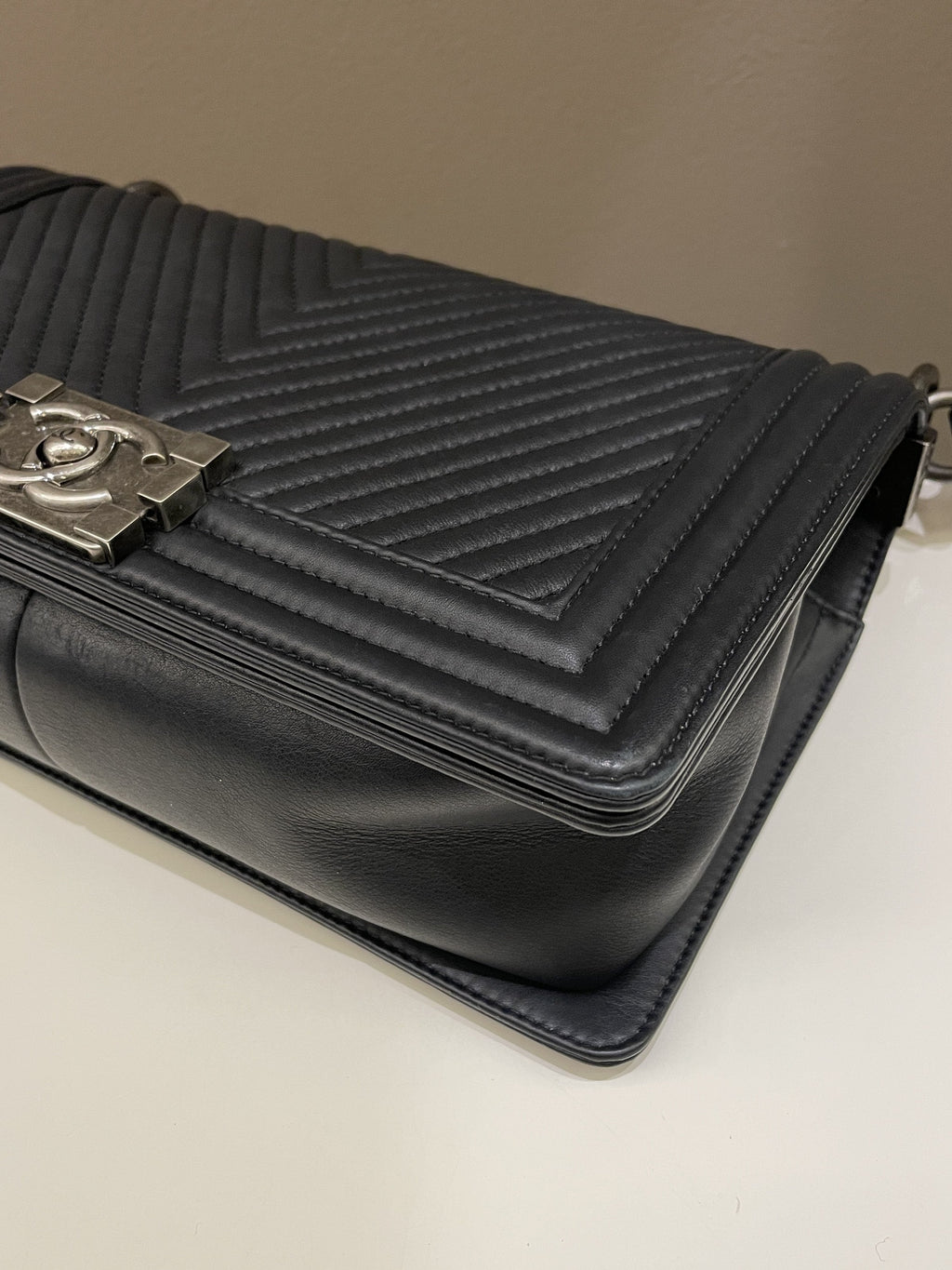 Chanel Herringbone Chevron Boy Old Medium Black Calfskin