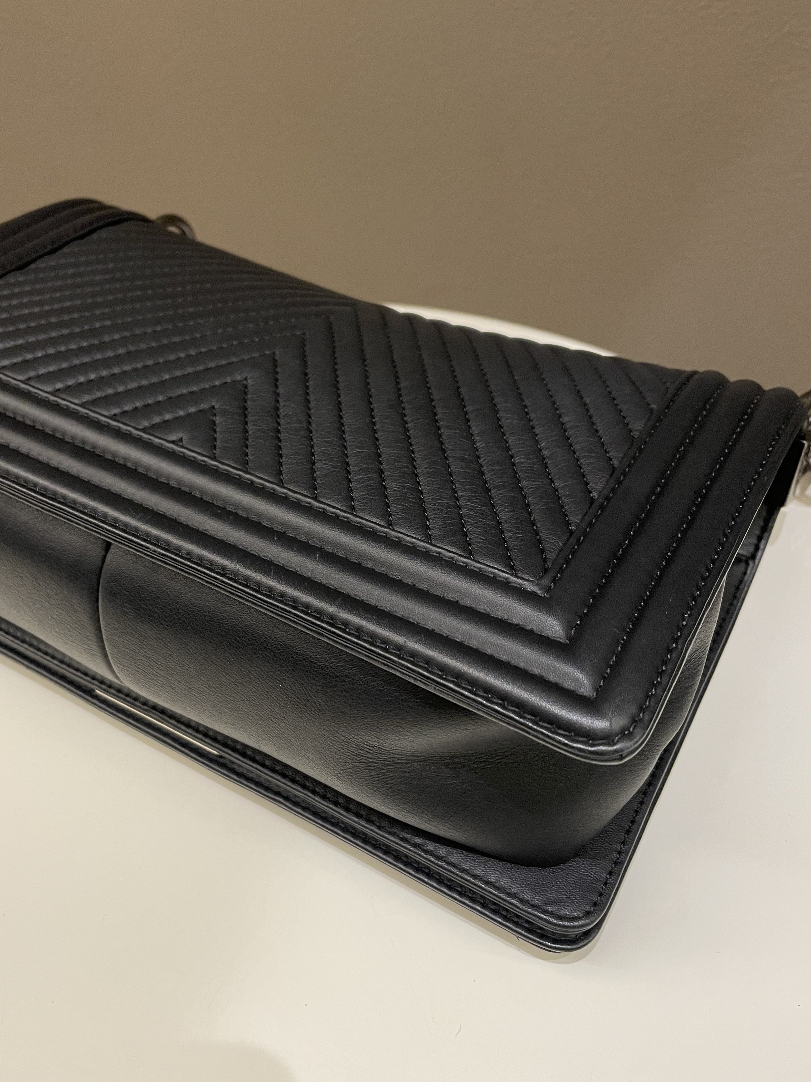 Chanel Herringbone Chevron Boy Old Medium Black Calfskin