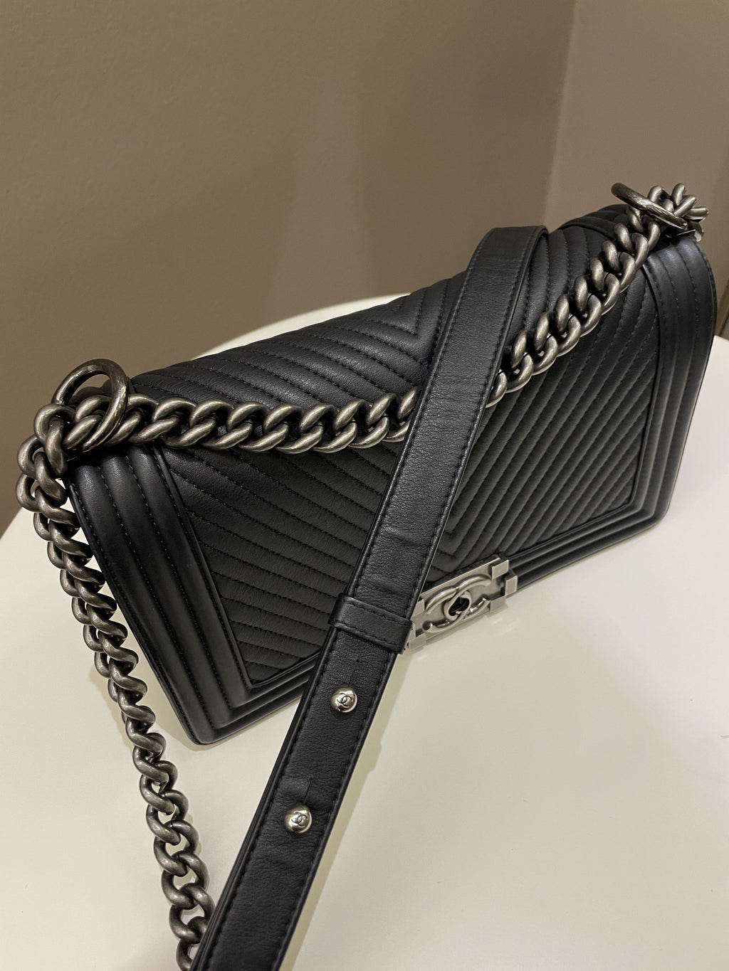 Chanel Herringbone Chevron Boy Old Medium Black Calfskin