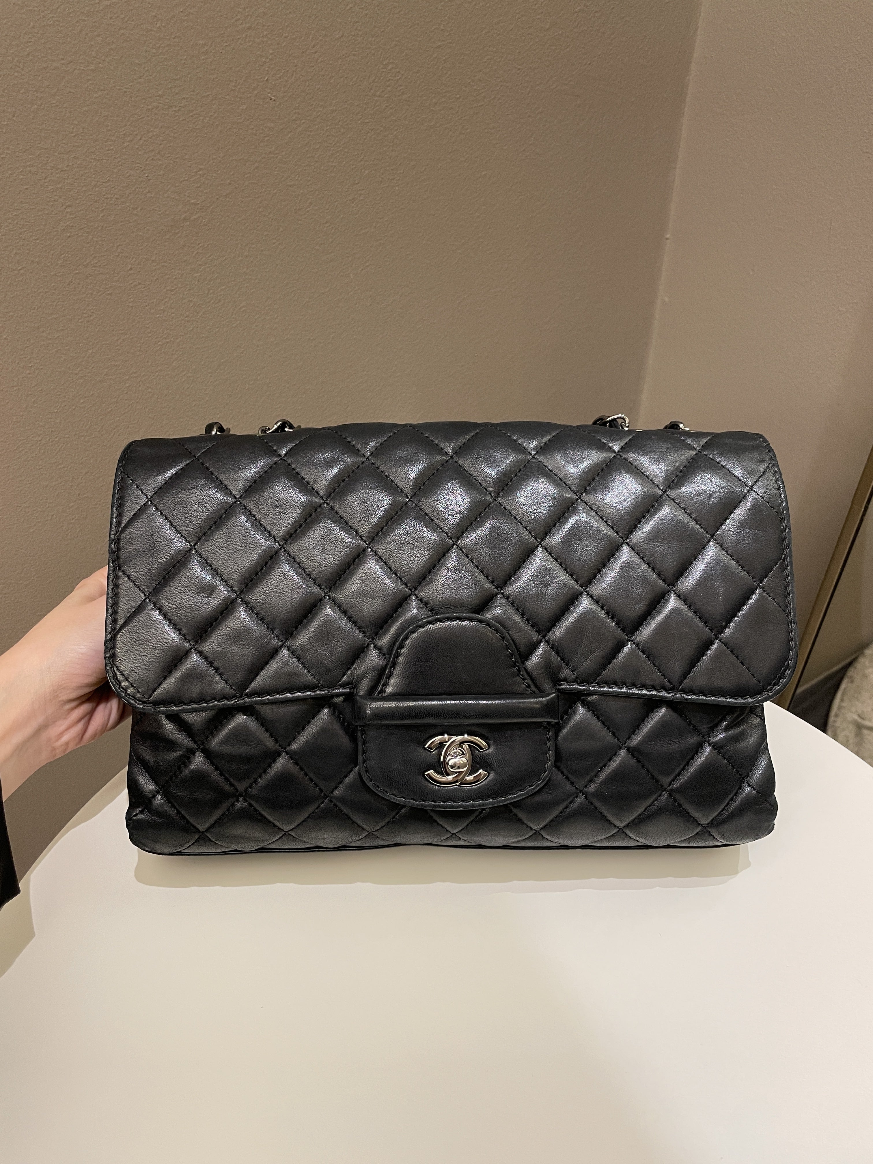 Chanel Quilted Jumbo Coco Loop Flap  Black Lambskin