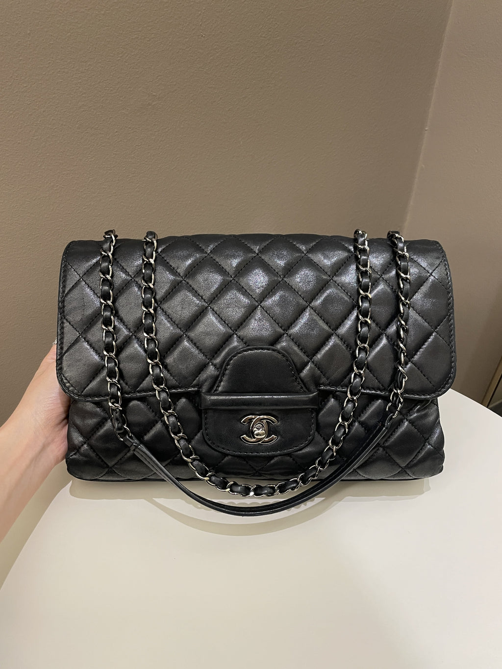 Chanel Quilted Jumbo Coco Loop Flap  Black Lambskin