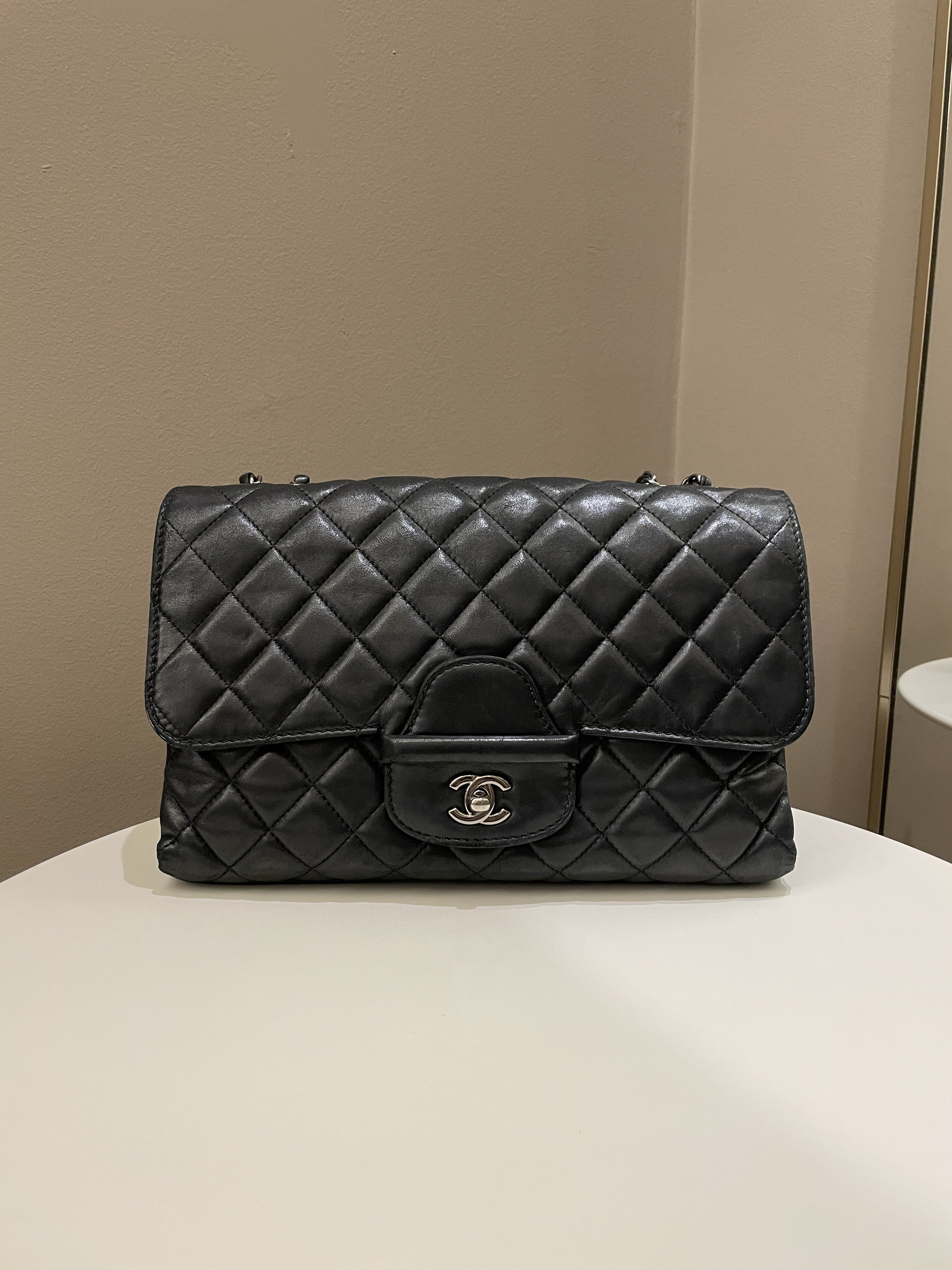Chanel Quilted Jumbo Coco Loop Flap  Black Lambskin