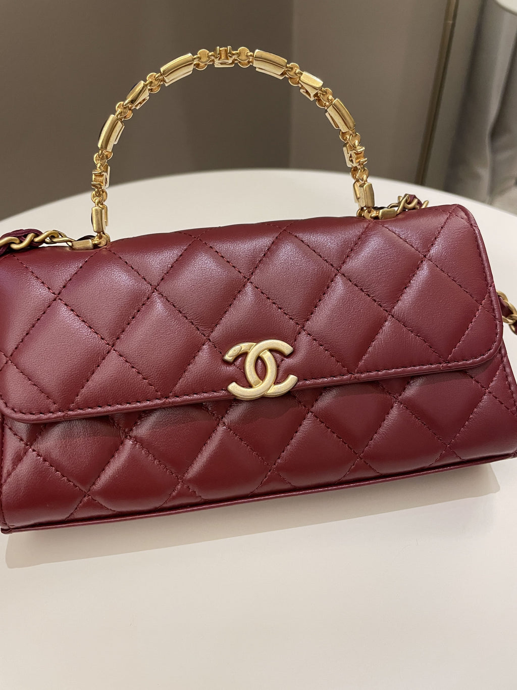 Chanel 22B Quilted Top Handle Flap Chain Burgundy Lambskin