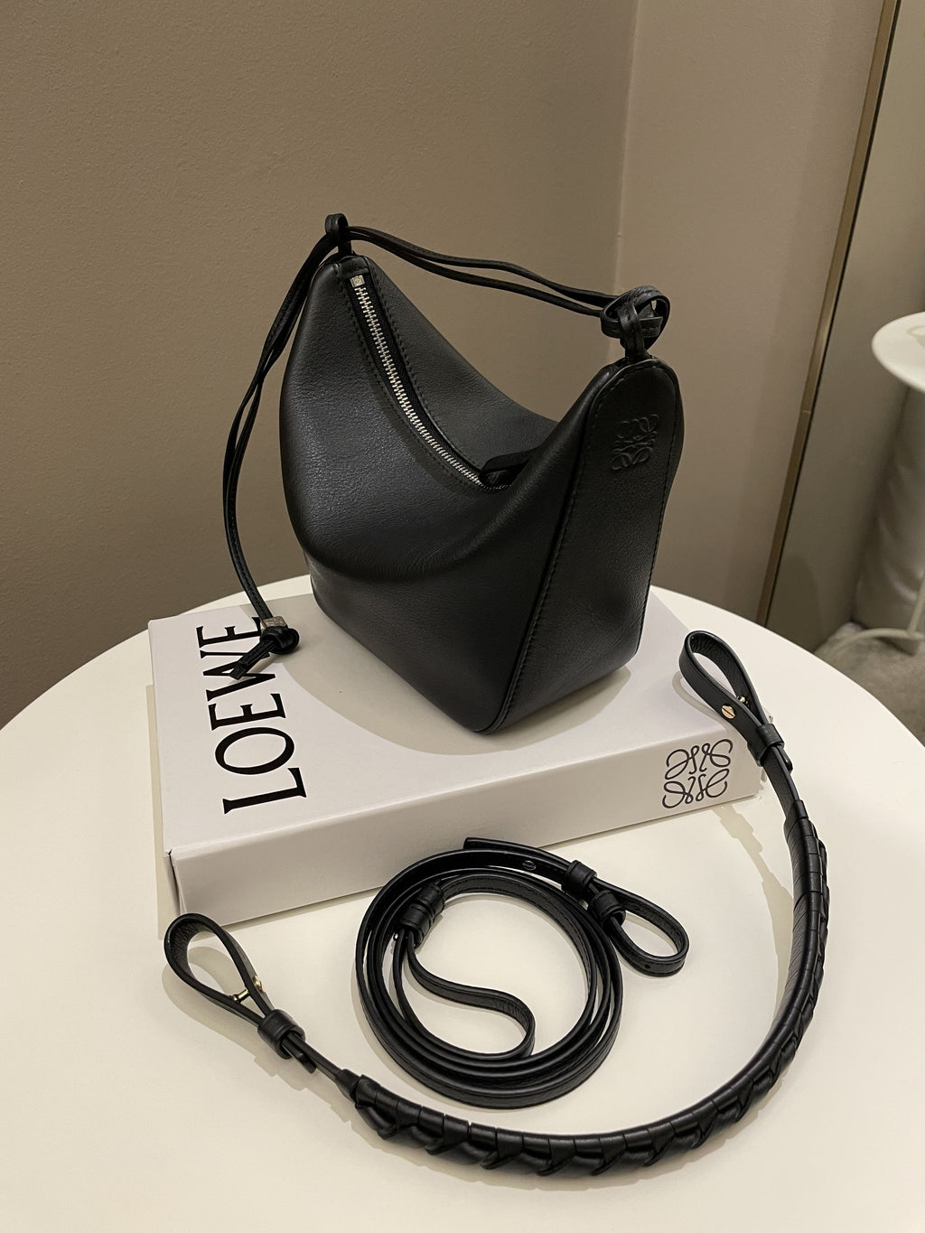 Loewe Hammock Hobo Mini + Spiral Woven Strap Black Calf