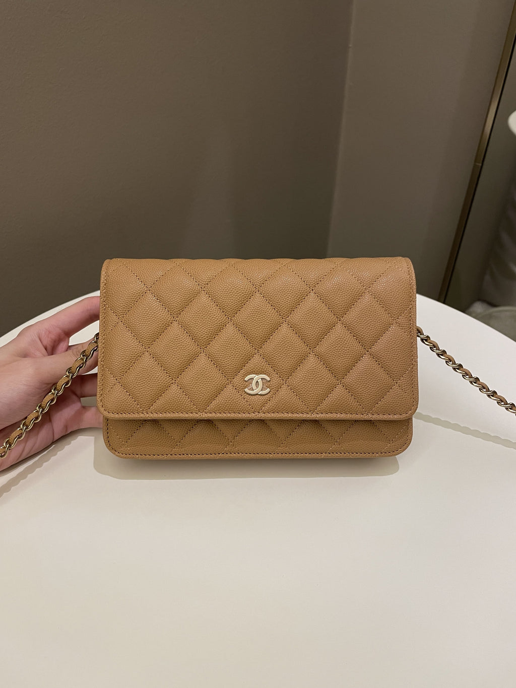 Chanel Classic Quilted Wallet on Chain Dark Beige Milk Tea Caviar