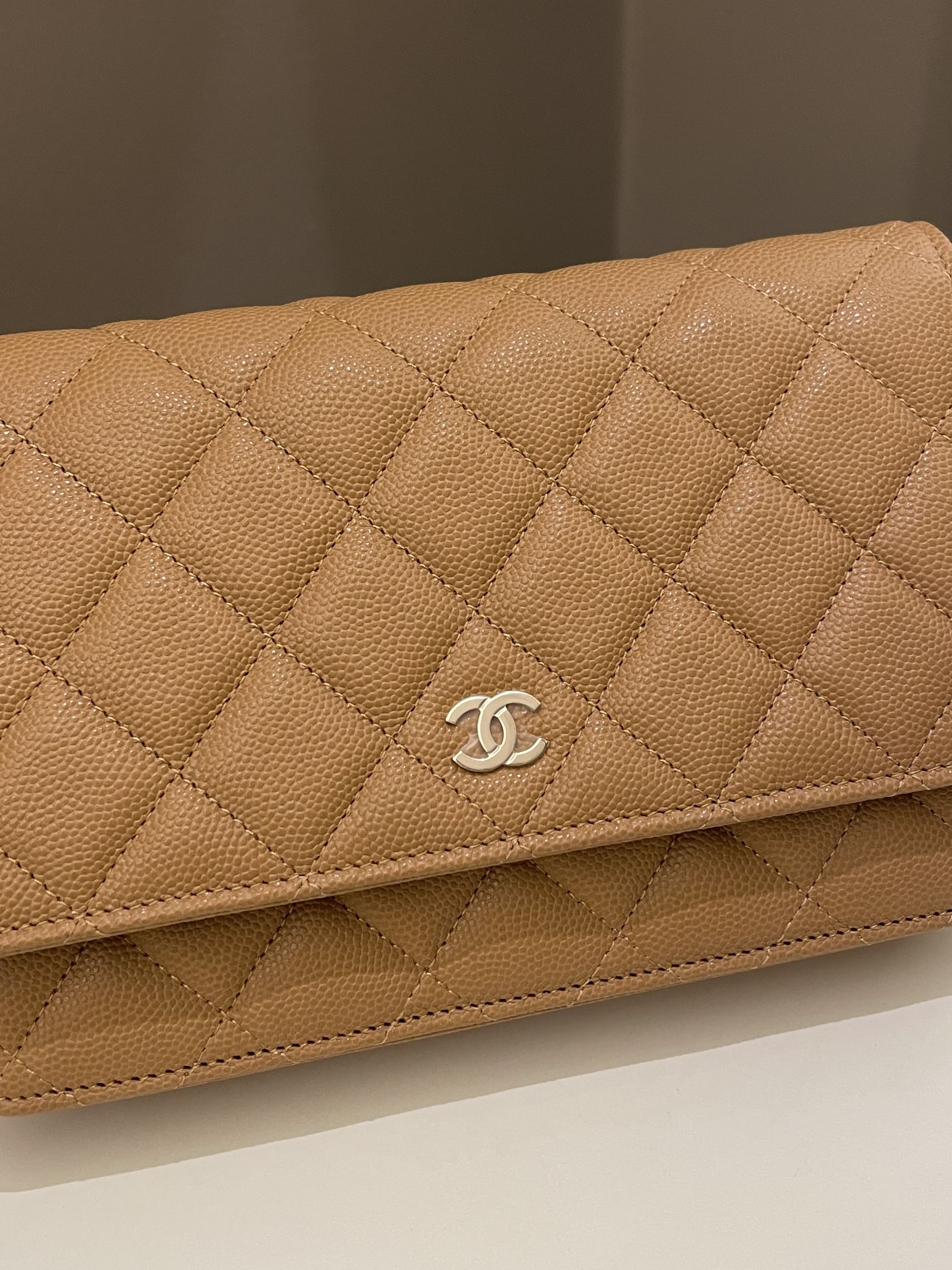 Chanel Classic Quilted Wallet on Chain Dark Beige Milk Tea Caviar