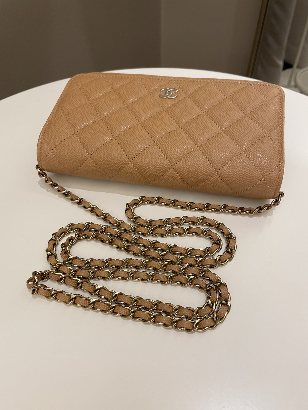 Chanel Classic Quilted Wallet on Chain Dark Beige Milk Tea Caviar