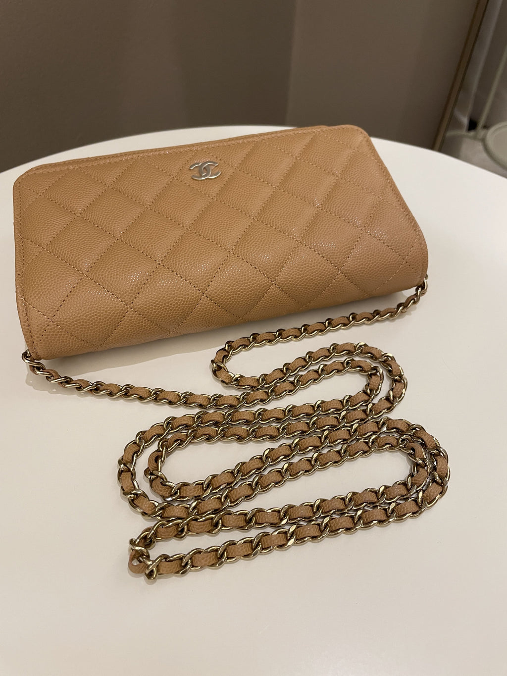 Chanel Classic Quilted Wallet on Chain Dark Beige Milk Tea Caviar