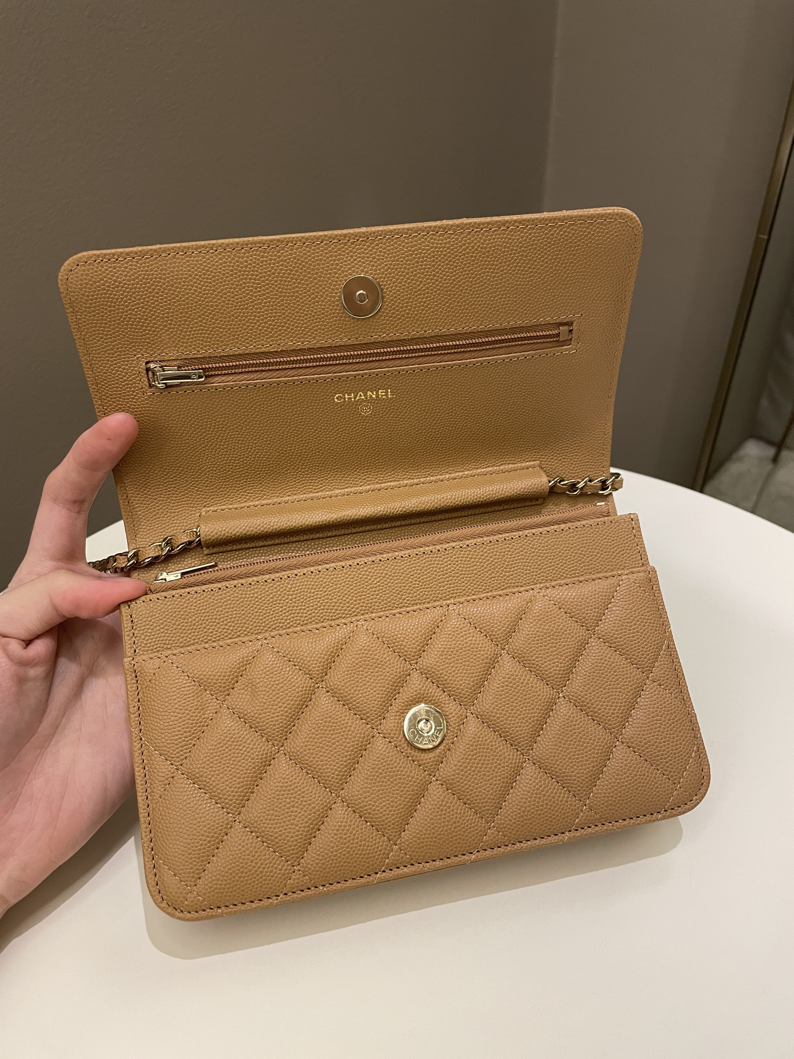 Chanel Classic Quilted Wallet on Chain Dark Beige Milk Tea Caviar