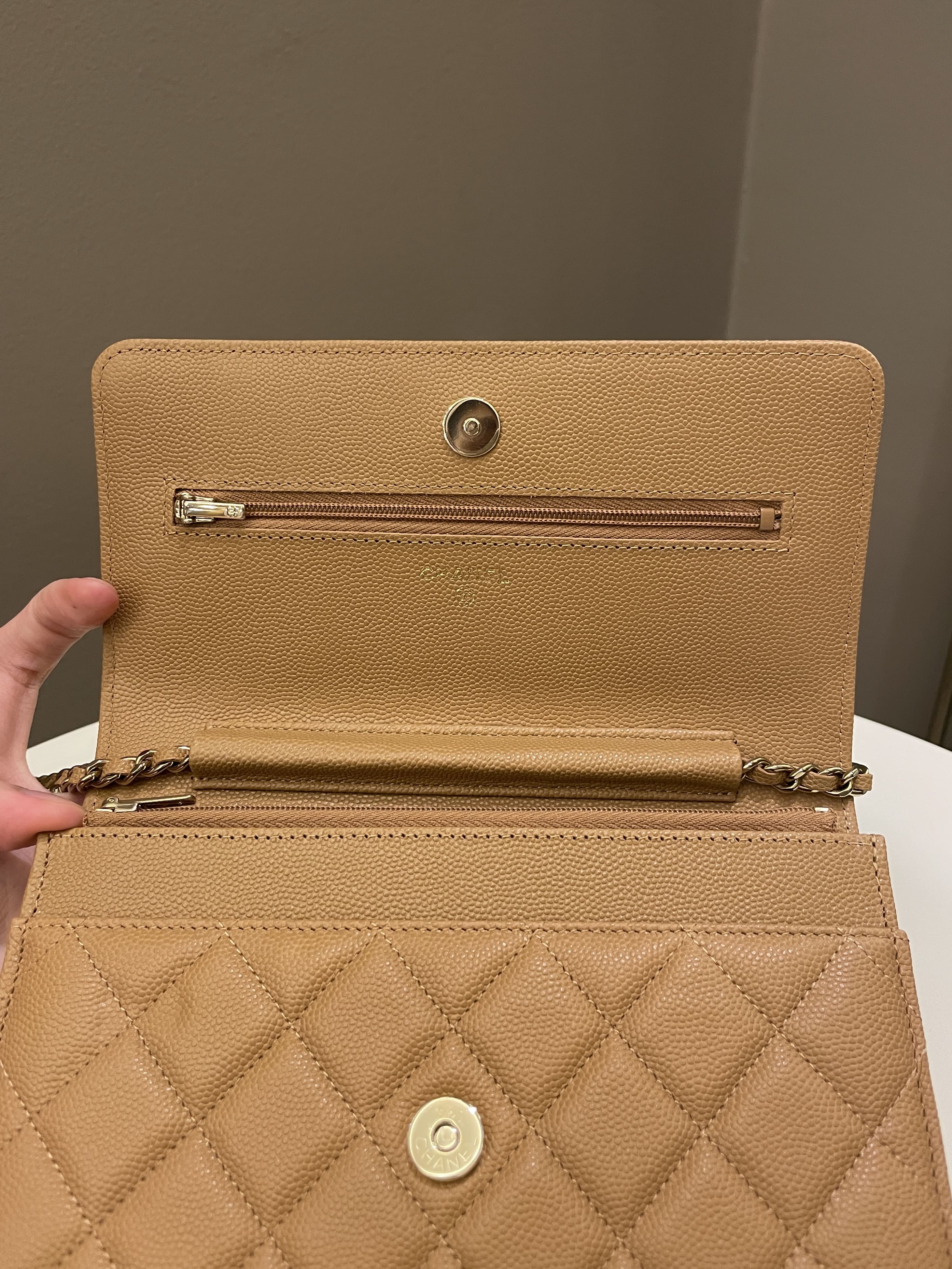 Chanel Classic Quilted Wallet on Chain Dark Beige Milk Tea Caviar