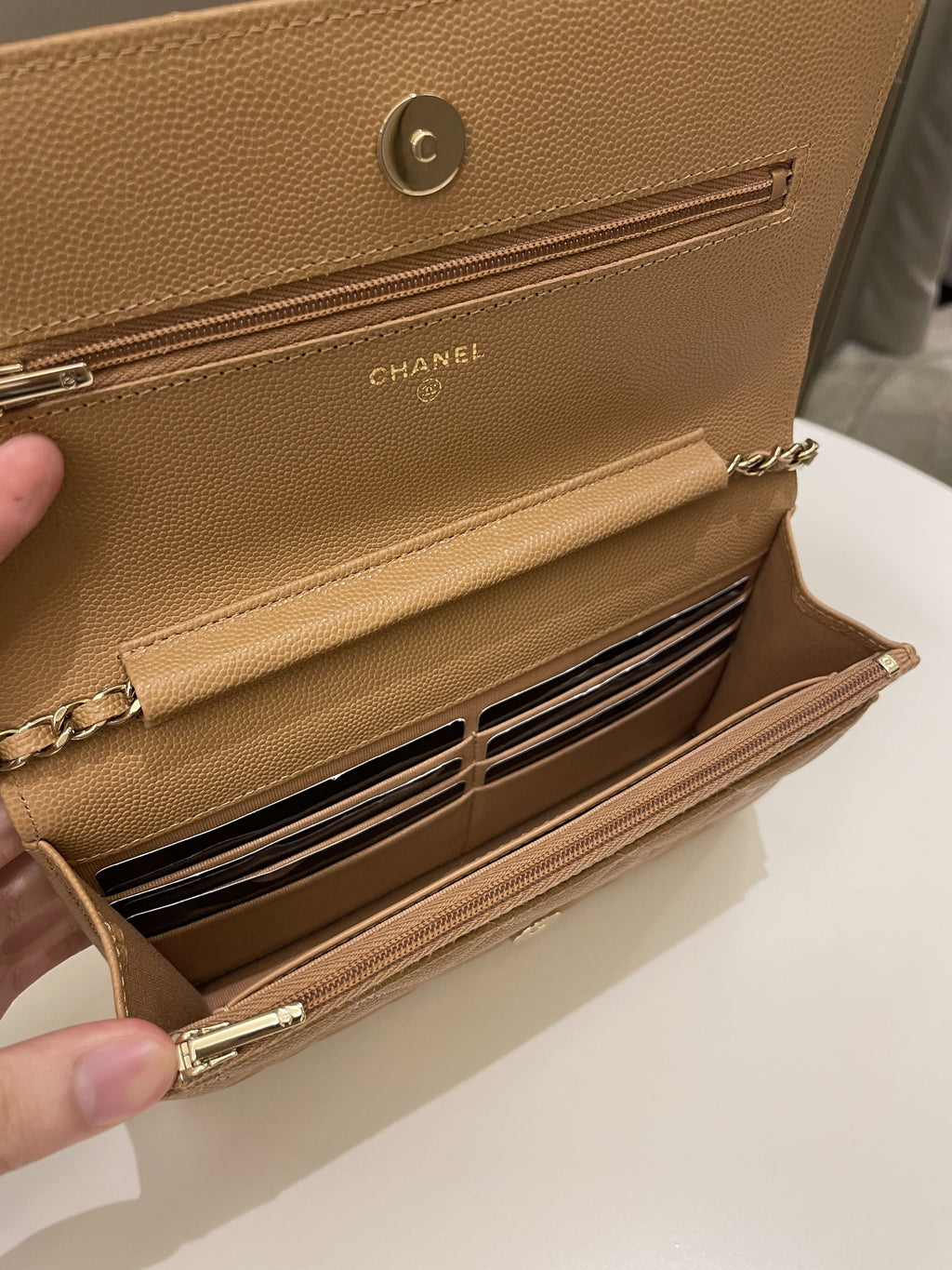 Chanel Classic Quilted Wallet on Chain Dark Beige Milk Tea Caviar