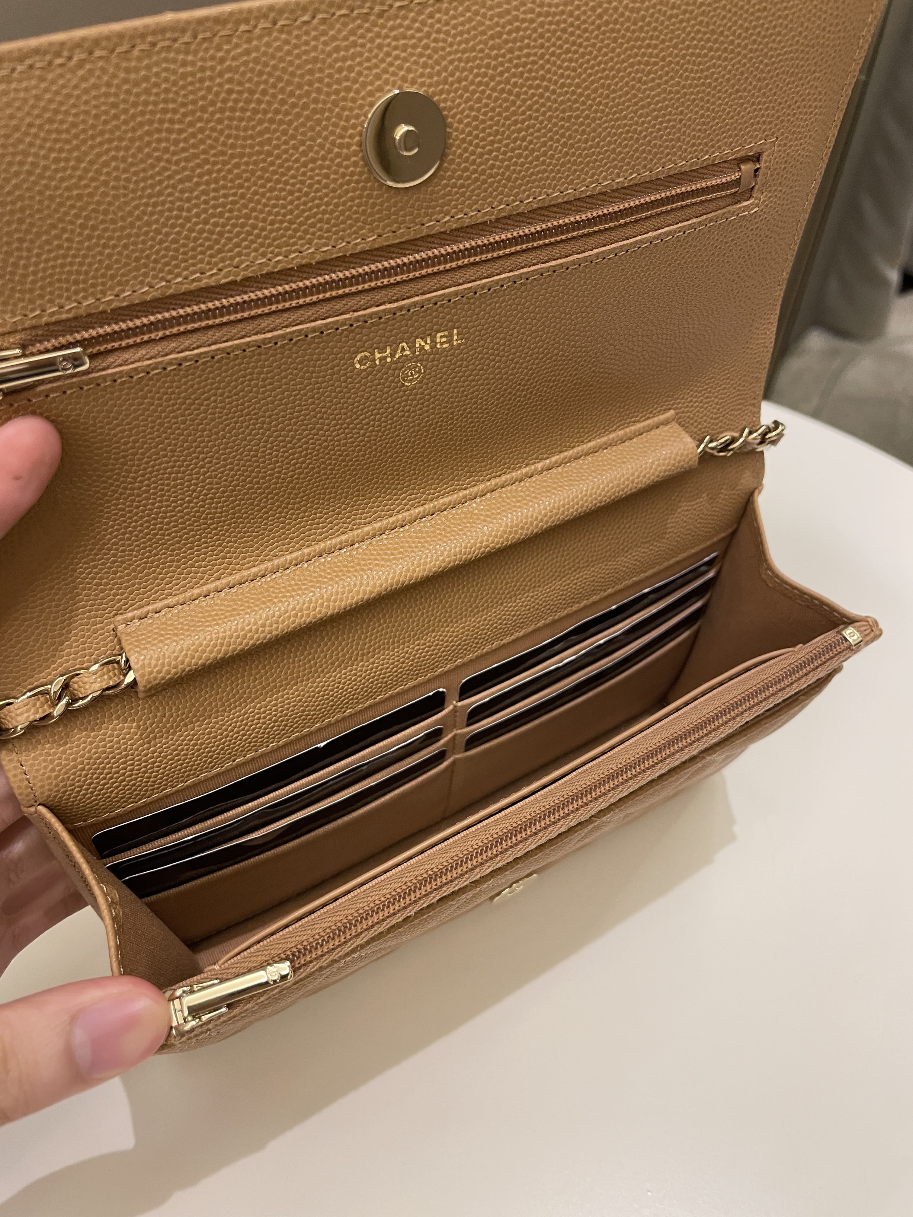 Chanel Classic Quilted Wallet on Chain Dark Beige Milk Tea Caviar