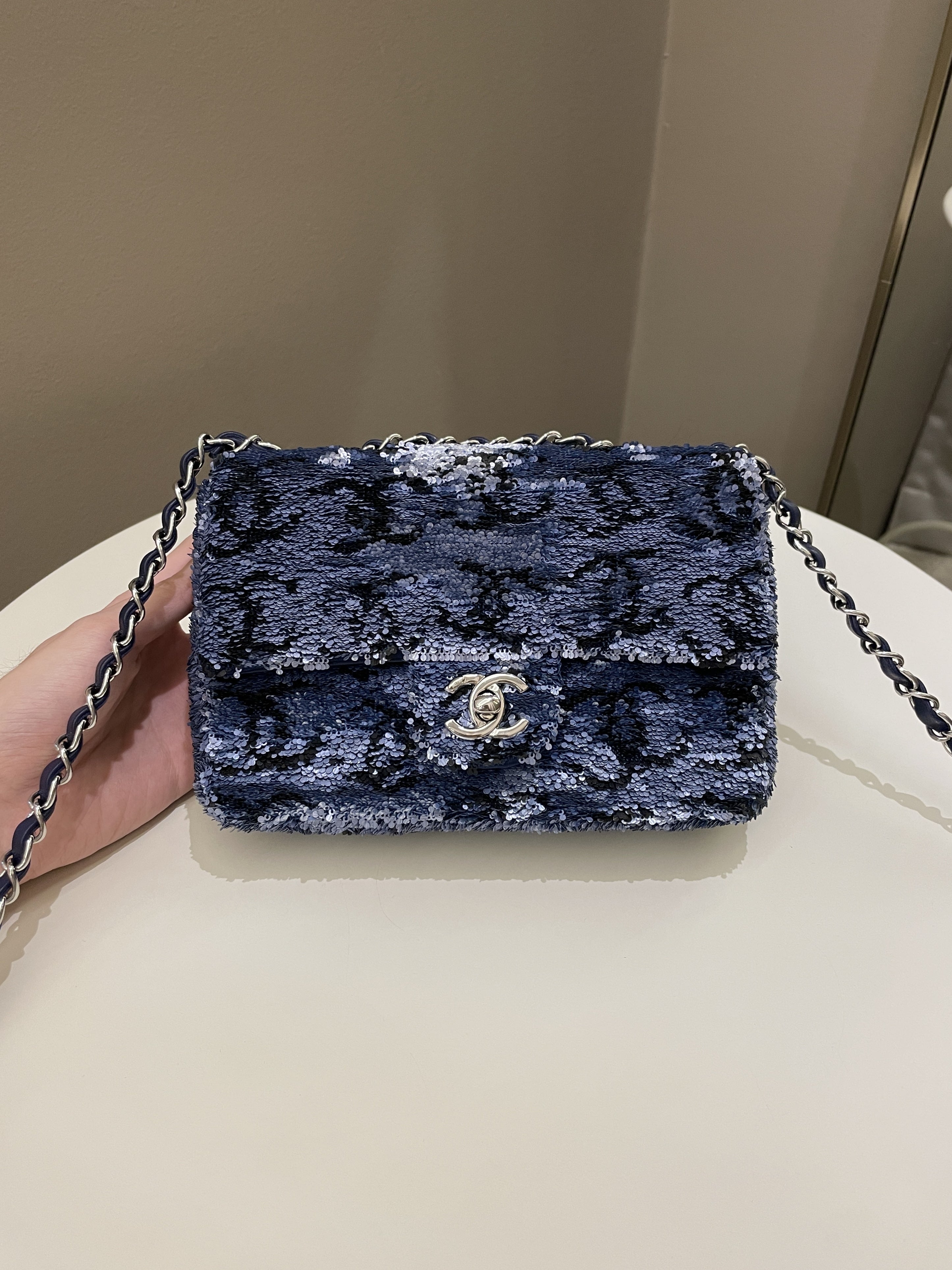 Chanel Cc Embellished Flap Bag  Blue Sequins