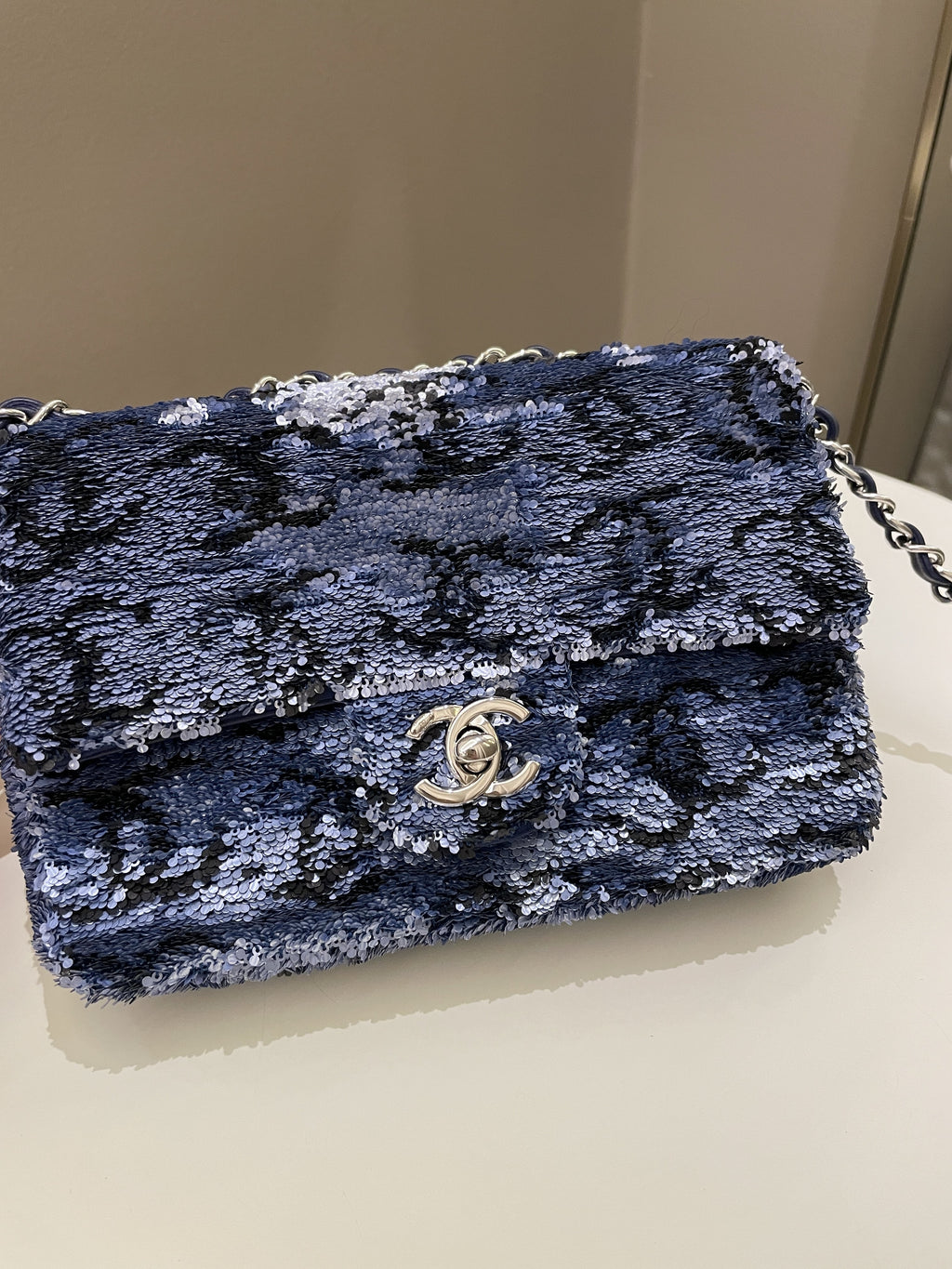 Chanel Cc Embellished Flap Bag  Blue Sequins
