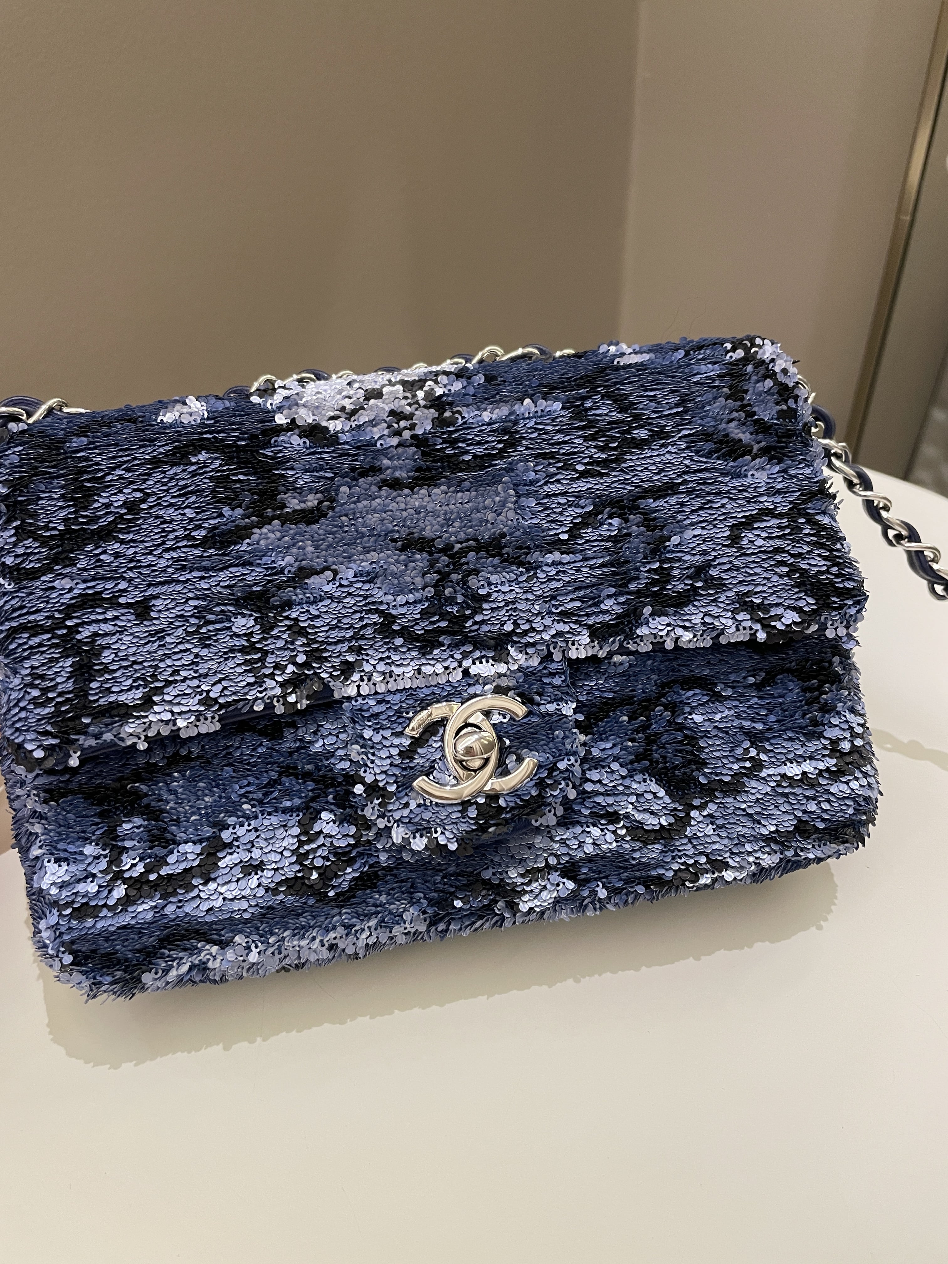 Chanel Cc Embellished Flap Bag  Blue Sequins