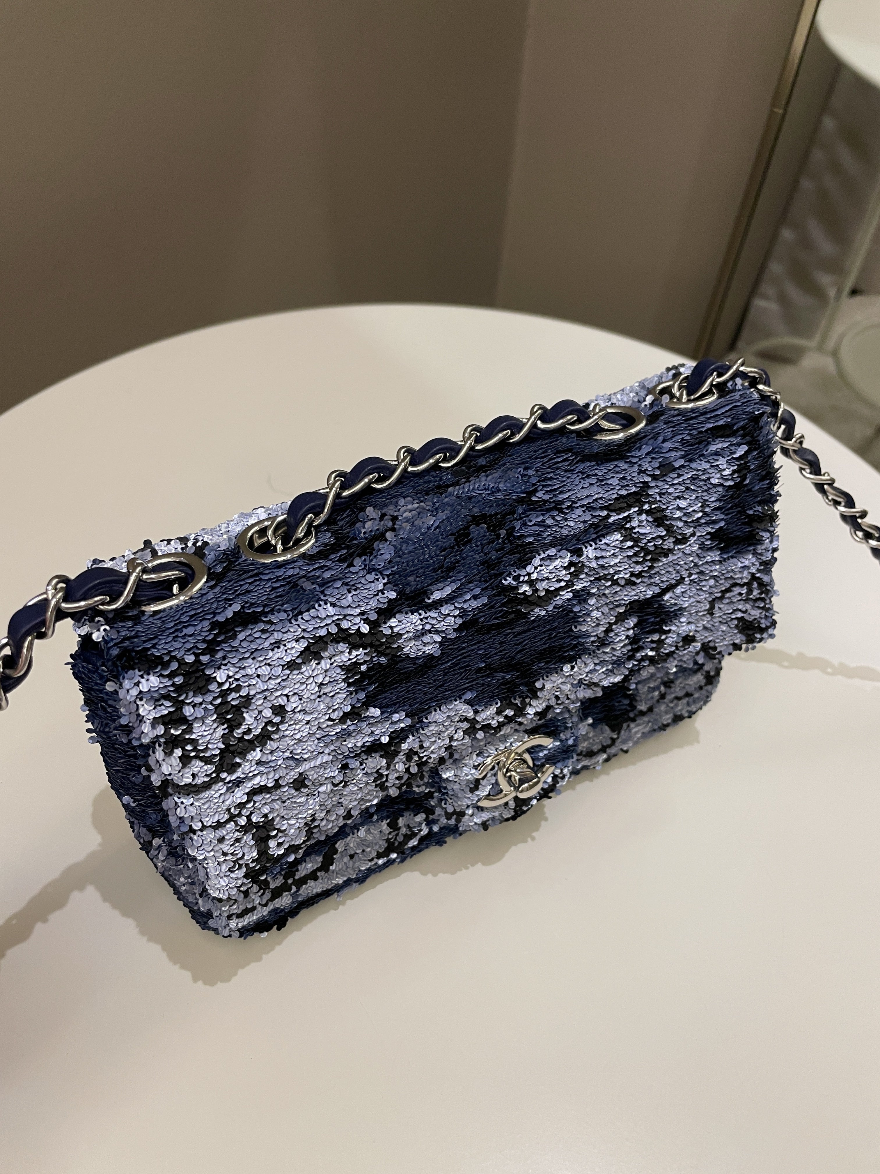 Chanel Cc Embellished Flap Bag  Blue Sequins