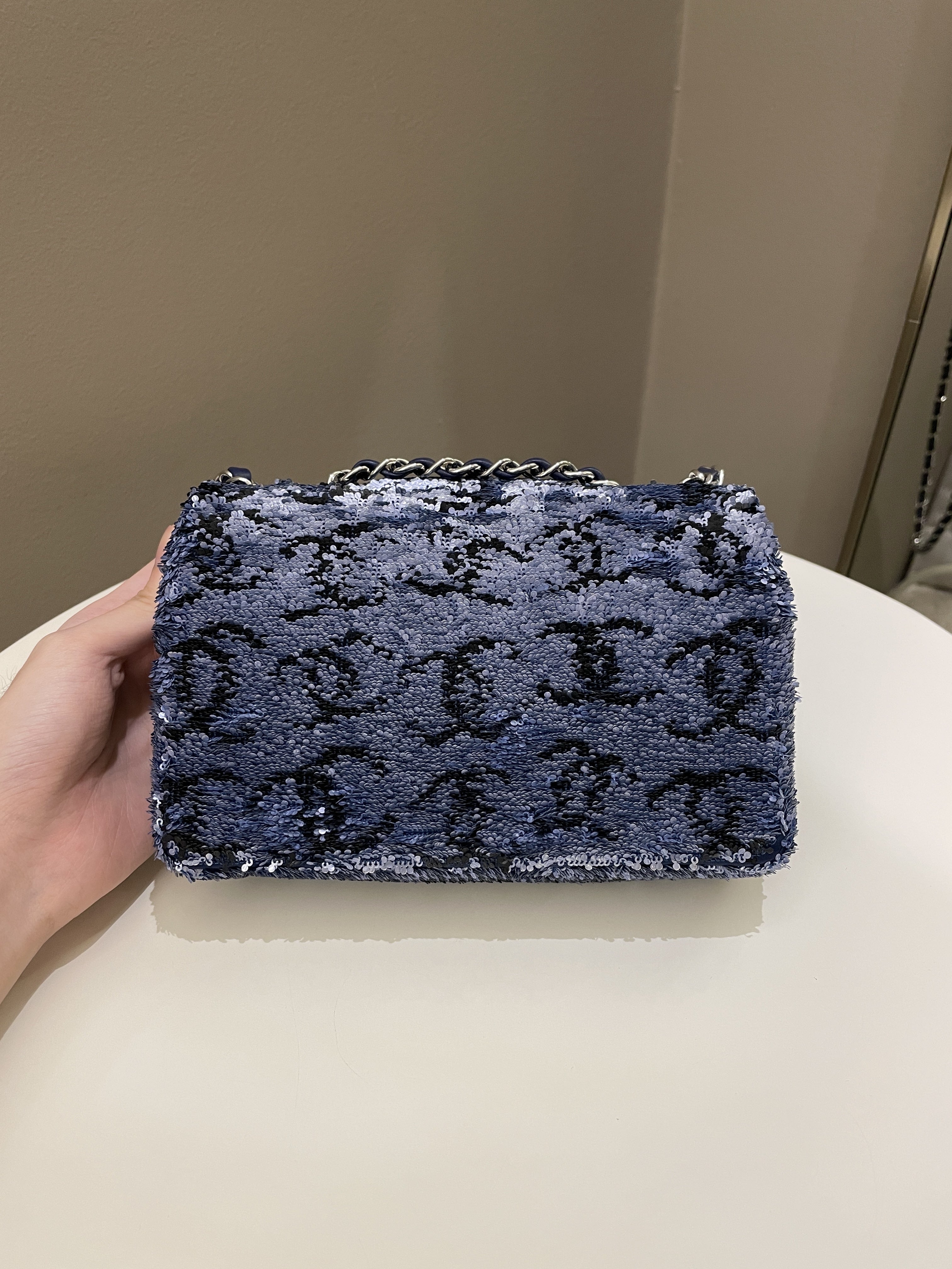 Chanel Cc Embellished Flap Bag  Blue Sequins