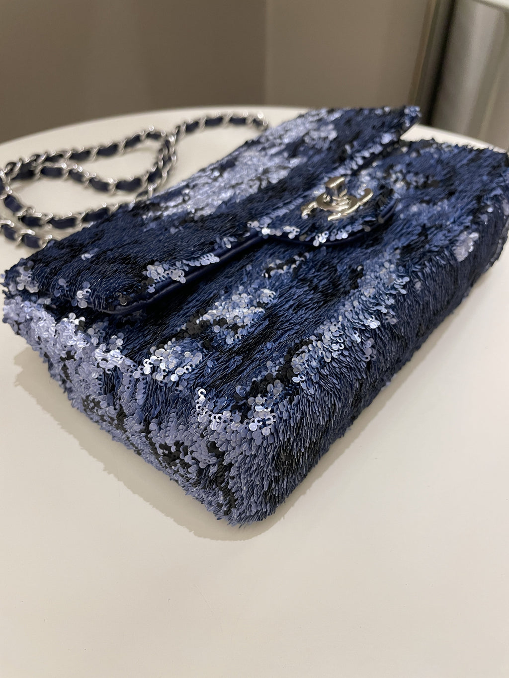Chanel Cc Embellished Flap Bag  Blue Sequins
