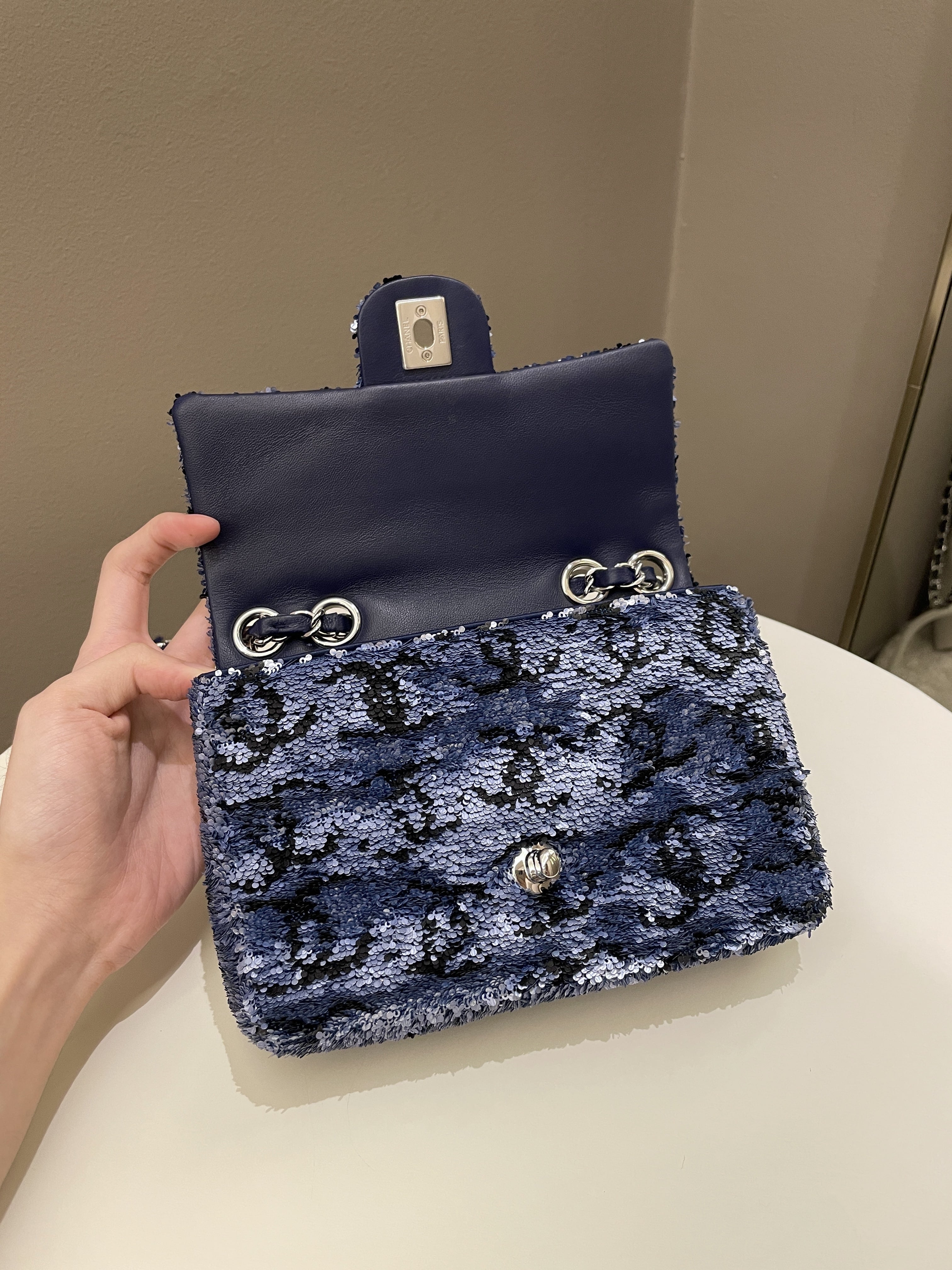 Chanel Cc Embellished Flap Bag  Blue Sequins