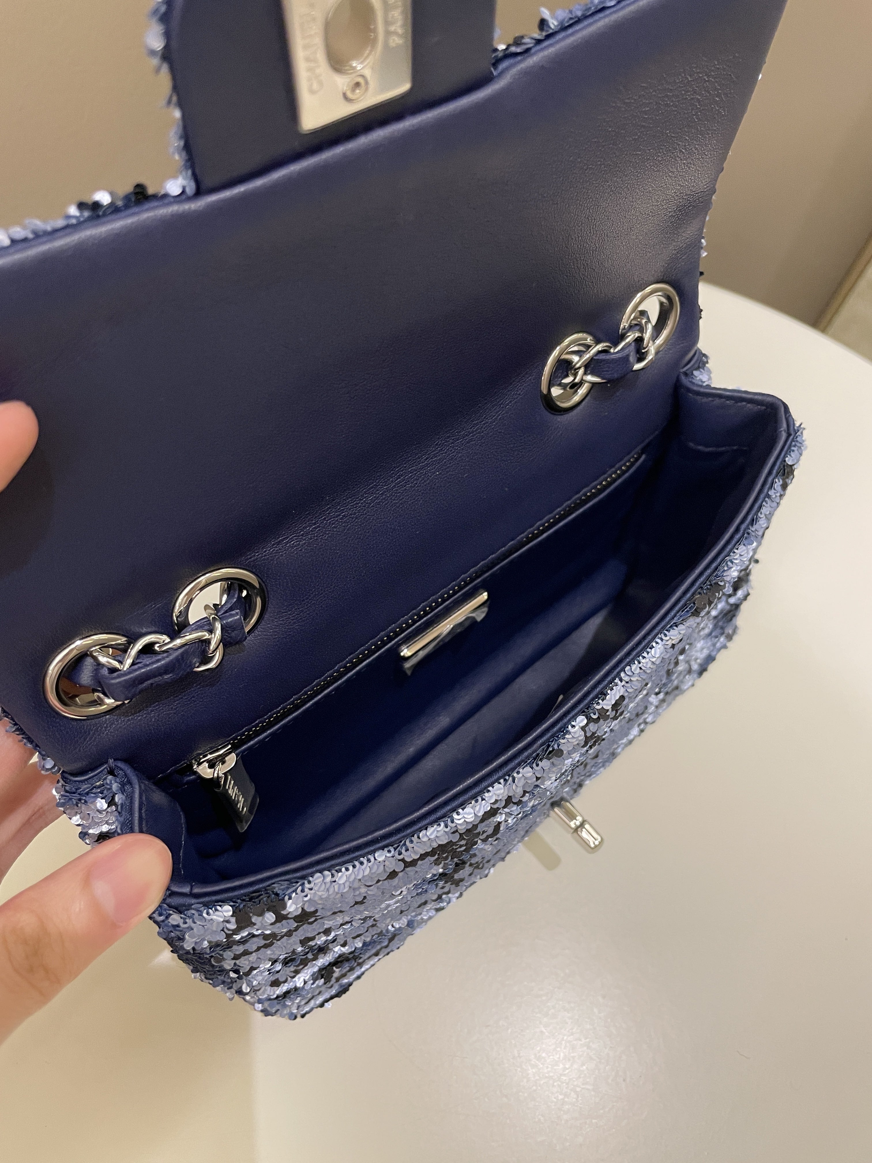 Chanel Cc Embellished Flap Bag  Blue Sequins