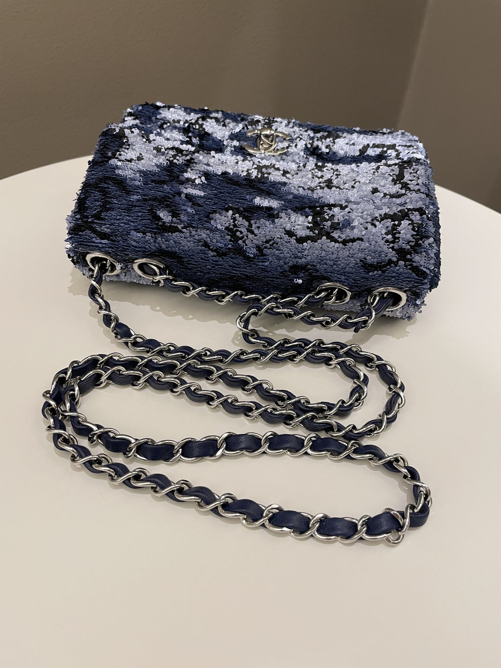 Chanel Cc Embellished Flap Bag  Blue Sequins