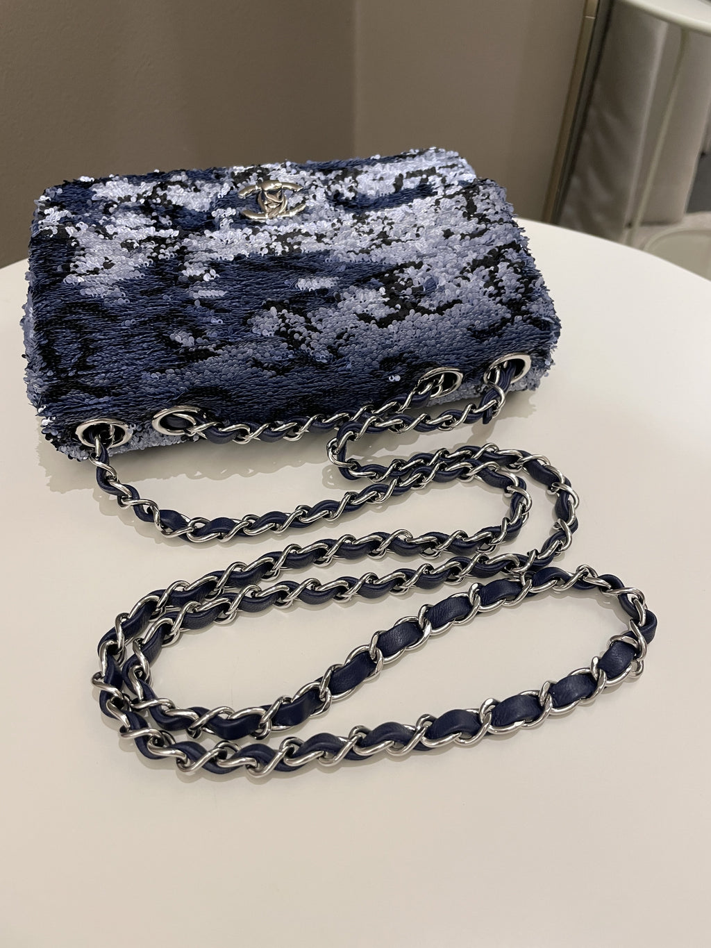 Chanel Cc Embellished Flap Bag  Blue Sequins
