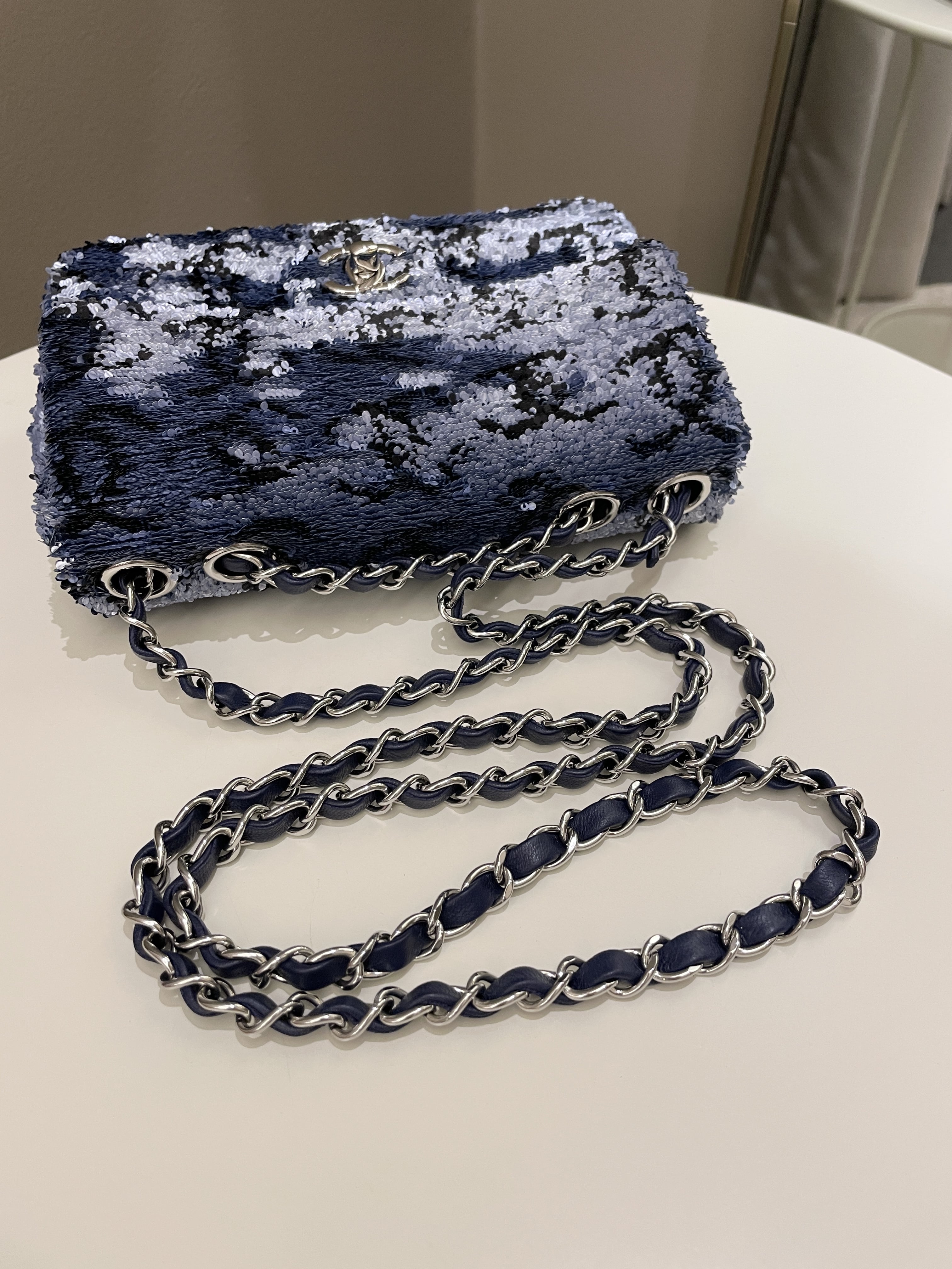 Chanel Cc Embellished Flap Bag  Blue Sequins