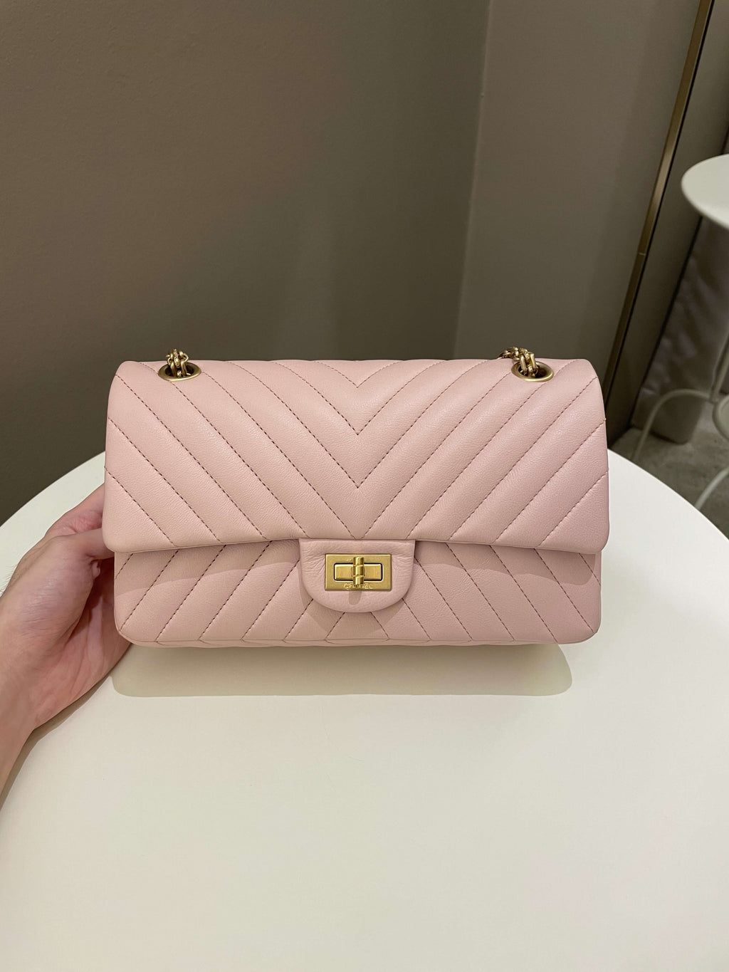 Chanel 17C Classic 2.55 Chevron Reissue 225 Pale Pink Calfskin