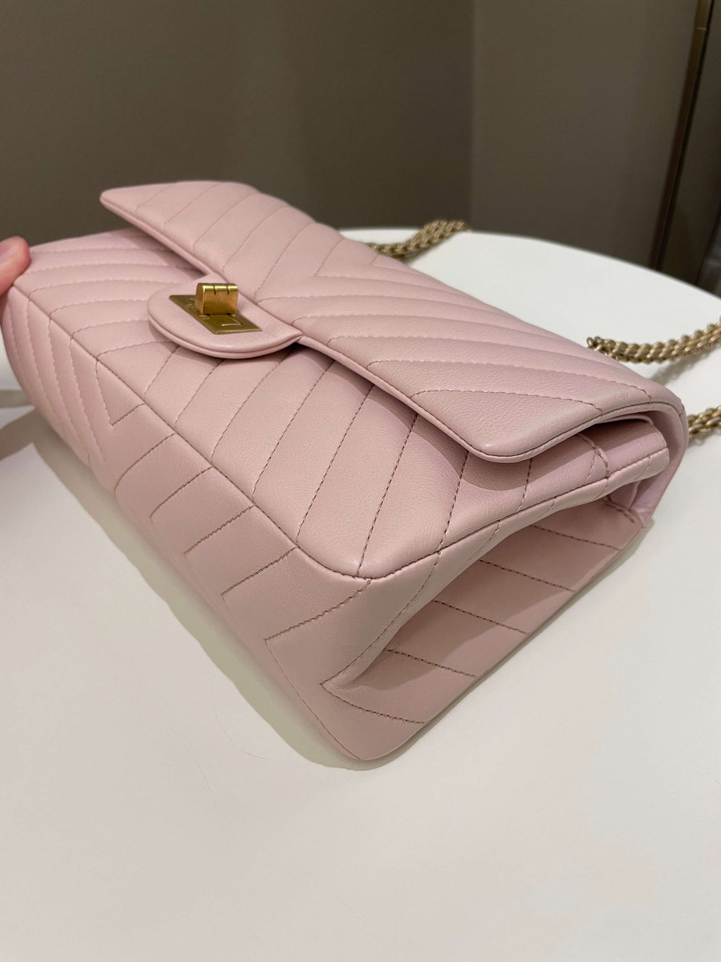 Chanel 17C Classic 2.55 Chevron Reissue 225 Pale Pink Calfskin