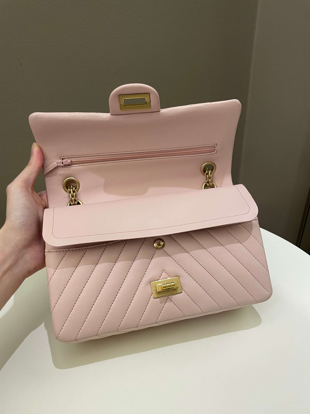 Chanel 17C Classic 2.55 Chevron Reissue 225 Pale Pink Calfskin
