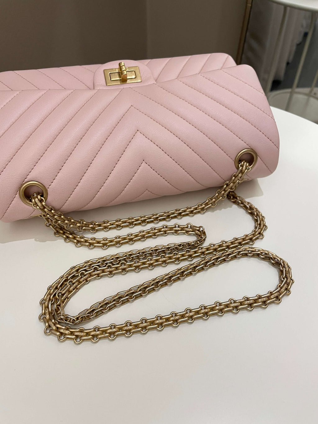 Chanel 17C Classic 2.55 Chevron Reissue 225 Pale Pink Calfskin