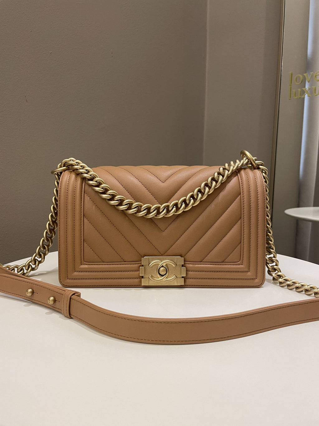 Chanel Chervon Boy Old Medium Tan Beige Calfskin